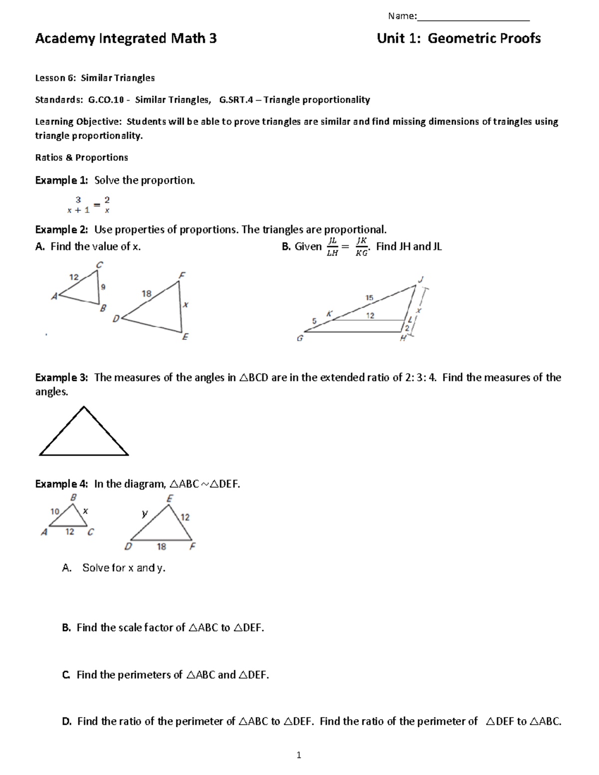 Unit 1 Lesson 6 Similar Triangles - Academy Integrated Math 3 Unit 1 ...