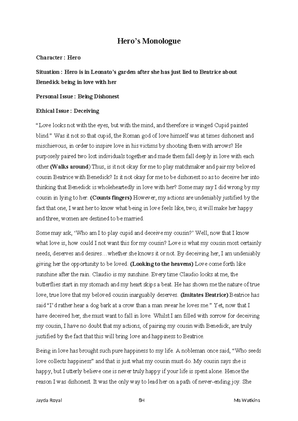 Final Assesment - monologue - heros view. A+ - Hero’s Monologue ...