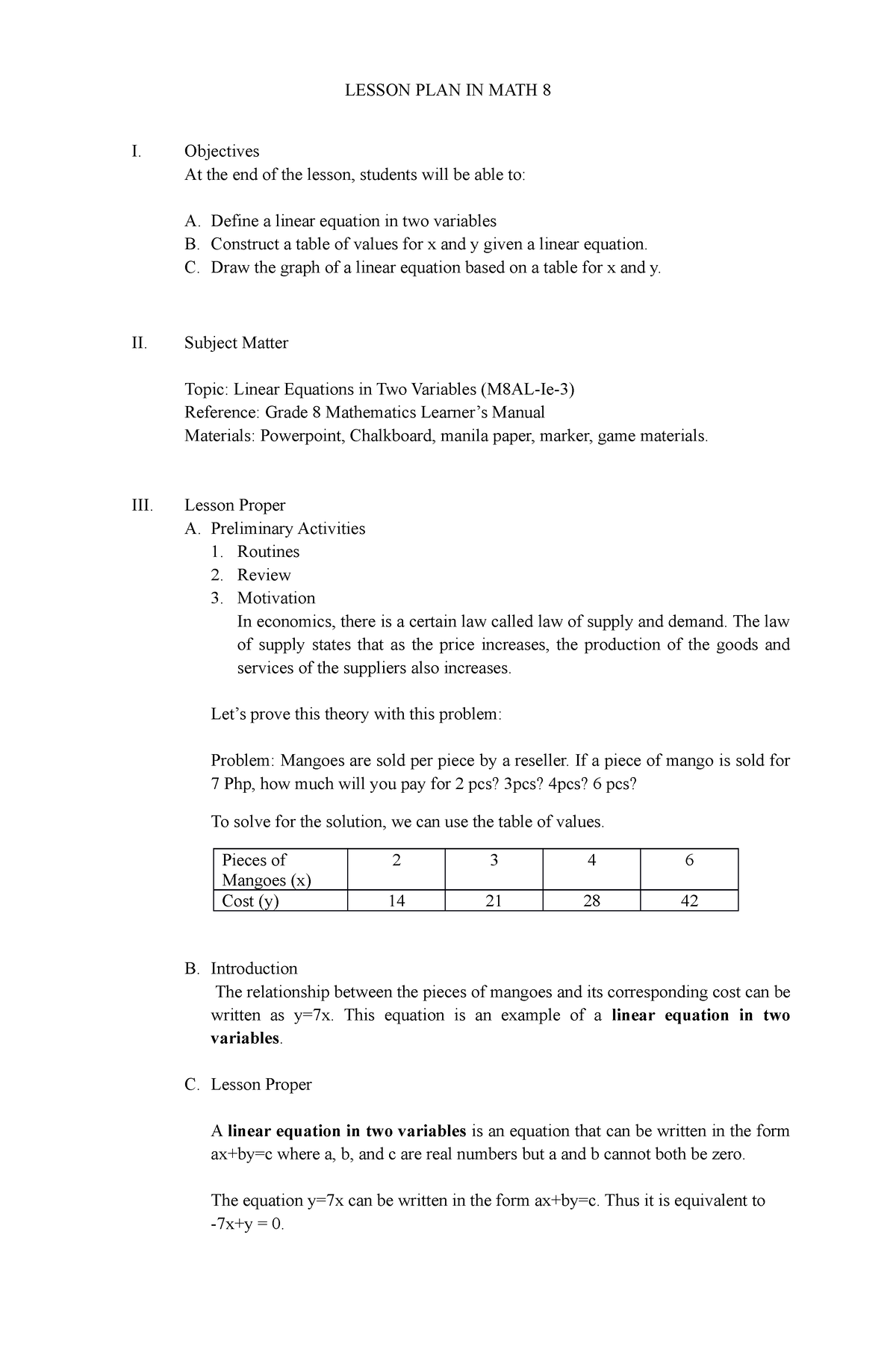 Example Of Lesson Plan In Math Elementary