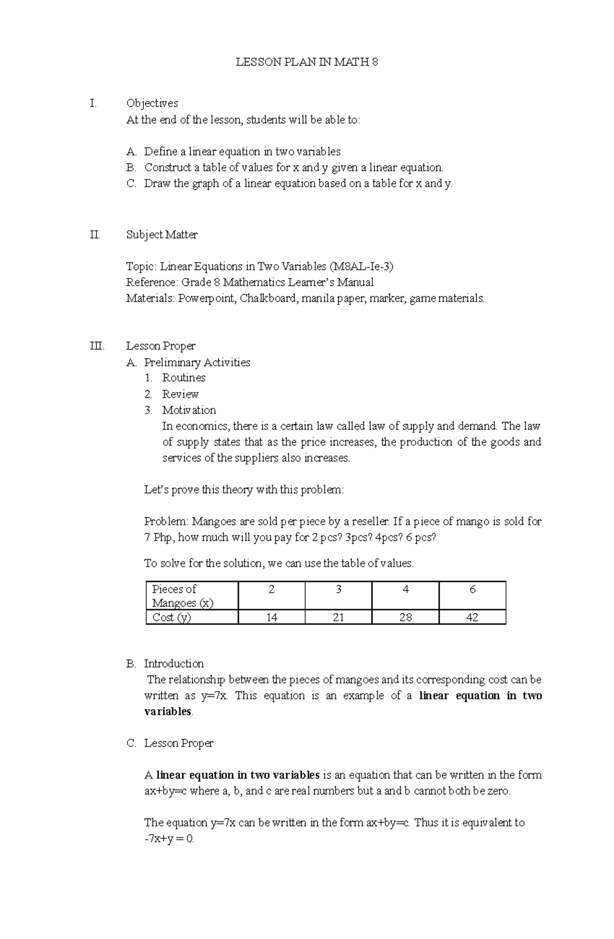 Lesson PLAN IN MATH 8 LESSON PLAN IN MATH 8 I Objectives At The End 