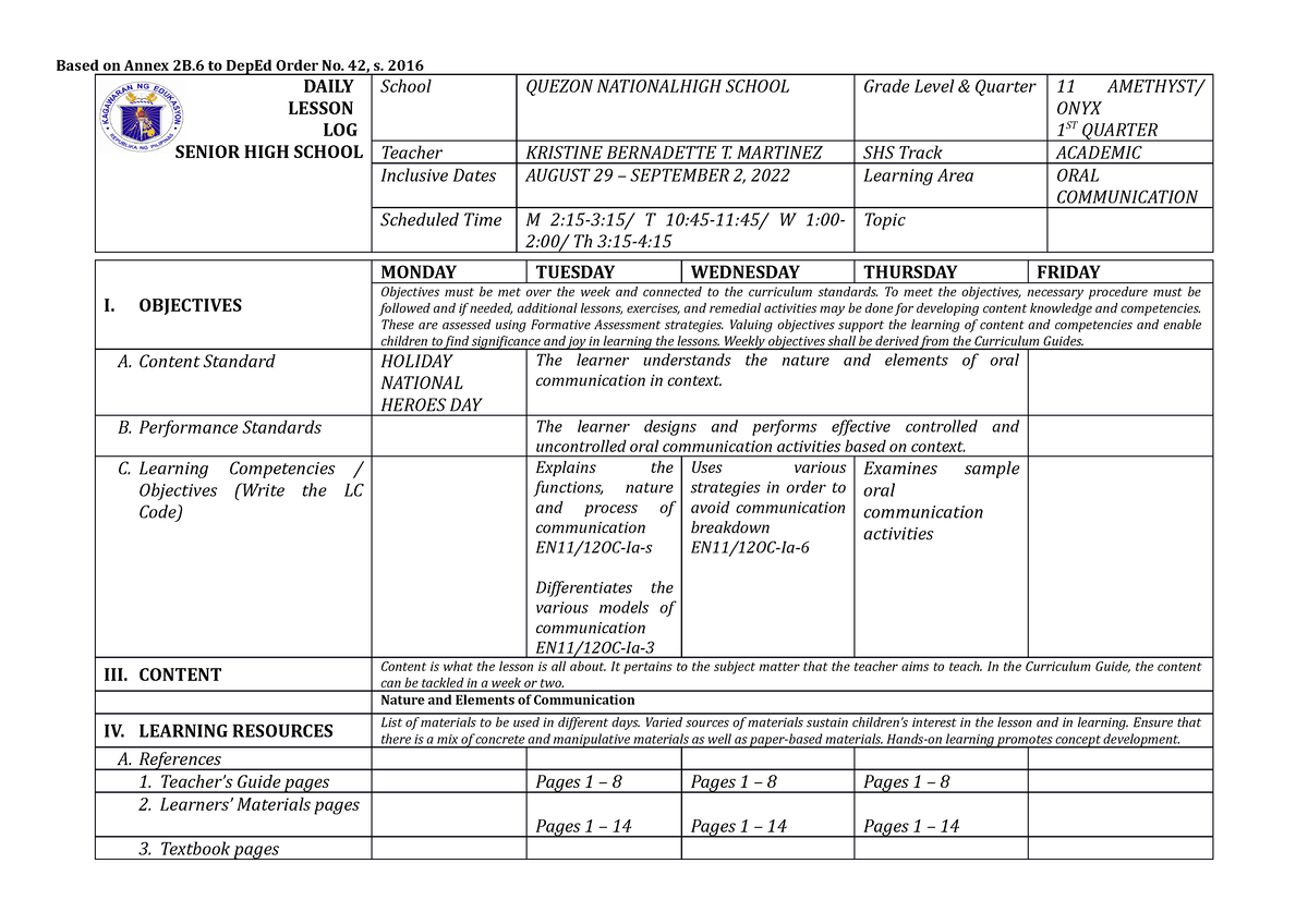 1 Shs Daily Lesson Log Dll Template By Based On Annex Vrogue Co