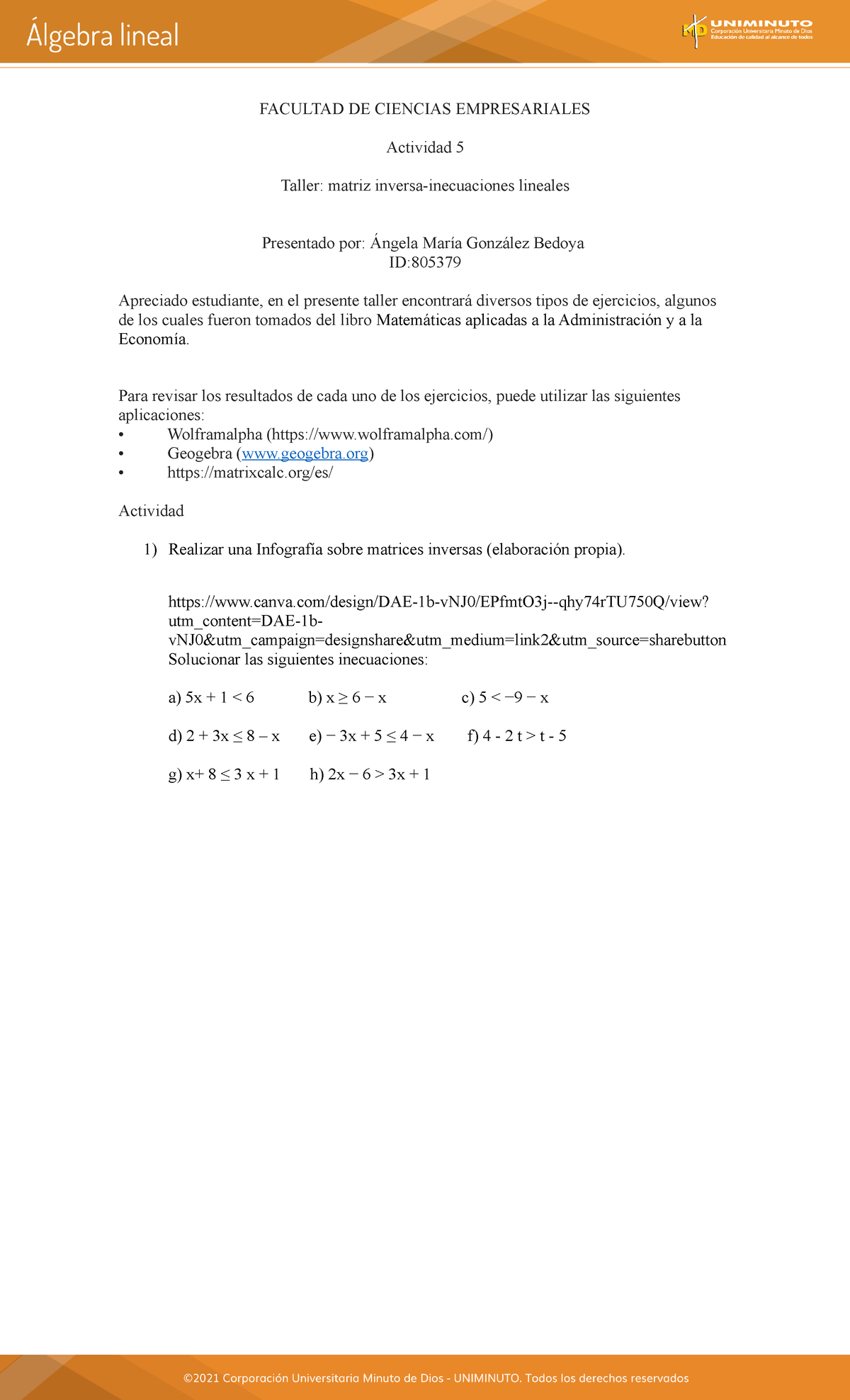 Actividad 5 Algebra Lineal - FACULTAD DE CIENCIAS EMPRESARIALES ...