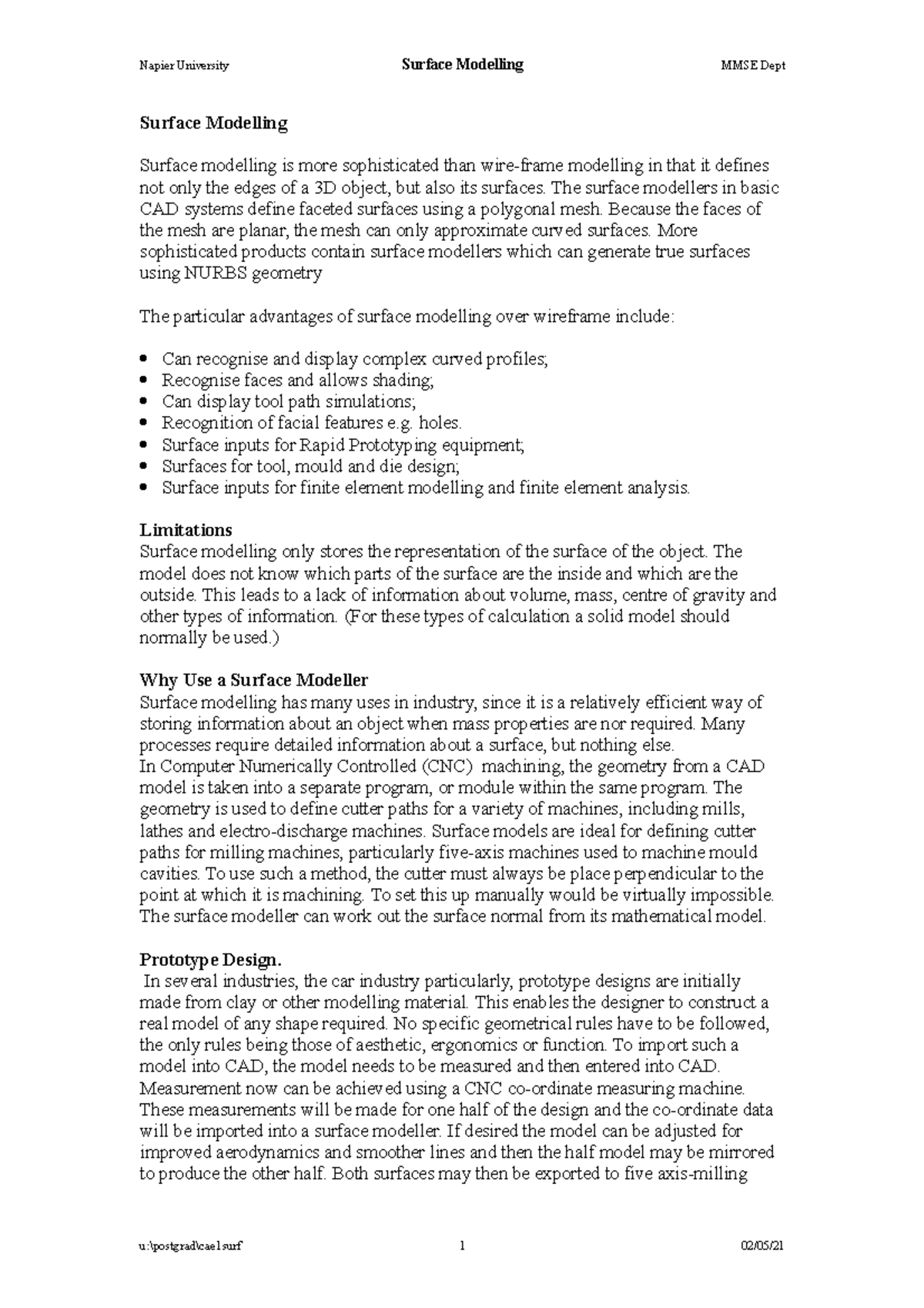Handout 4 Surface - CAD notes - Napier University Surface Modelling ...