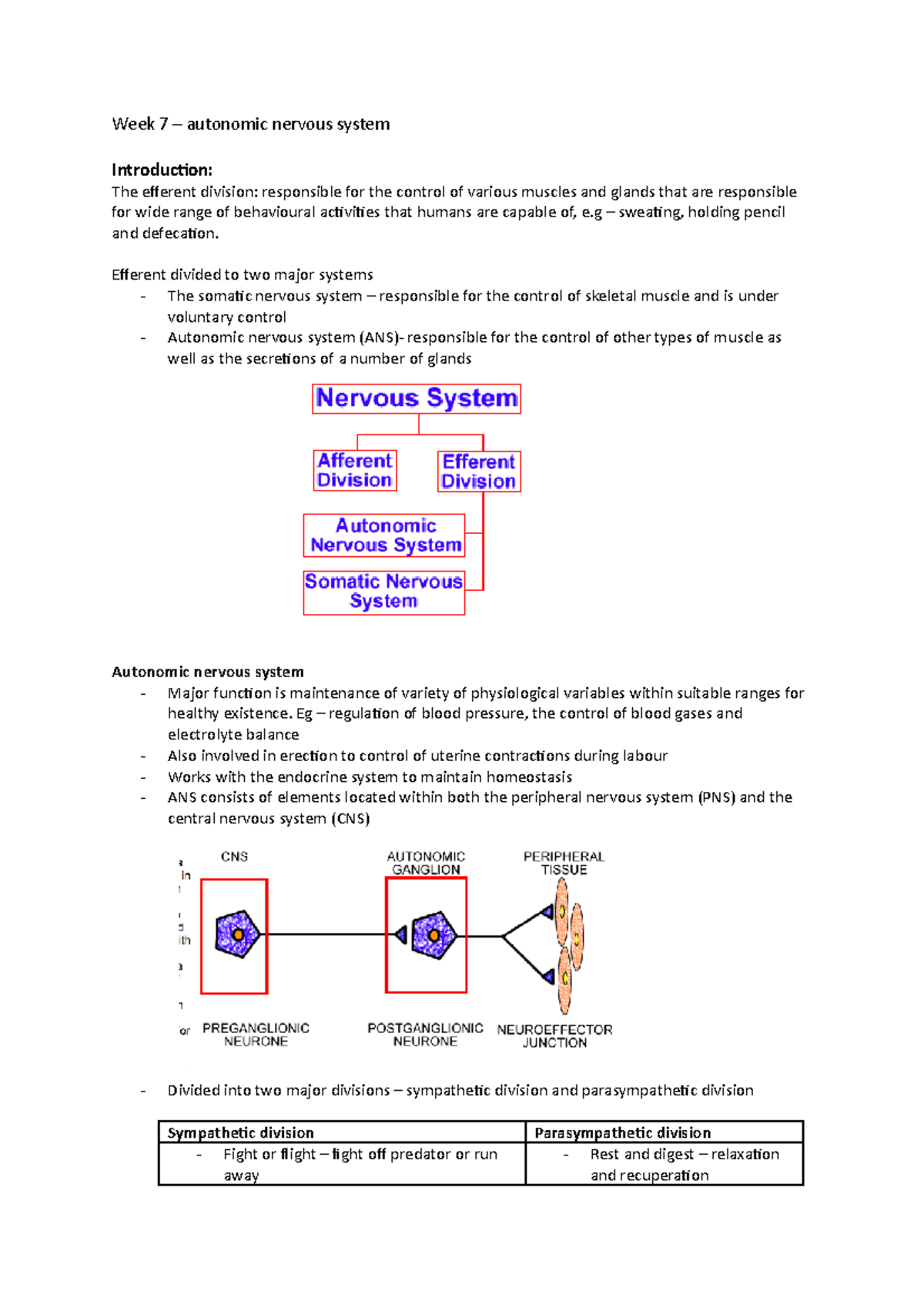 Week 7 notes - MEDICAL PHYSIOLOGY - Week 7 autonomic nervous system ...