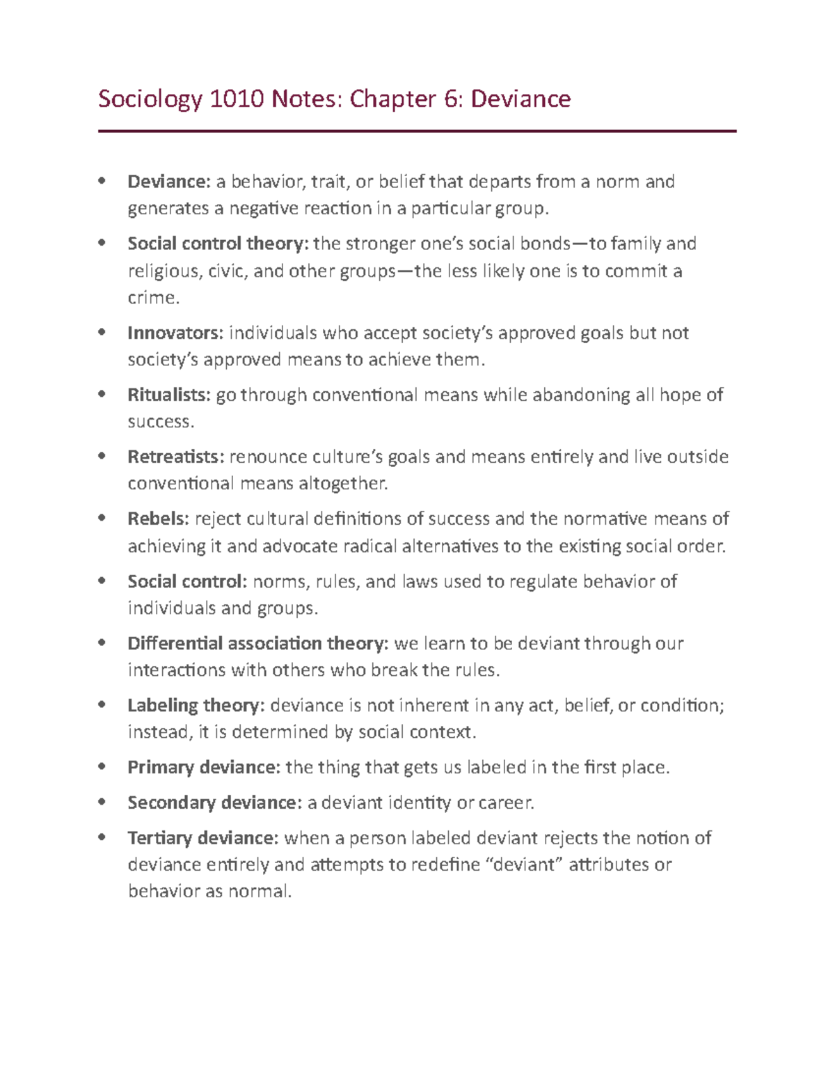 Sociology 1010 Notes Chapter 6 Deviance - Sociology 1010 Notes: Chapter ...