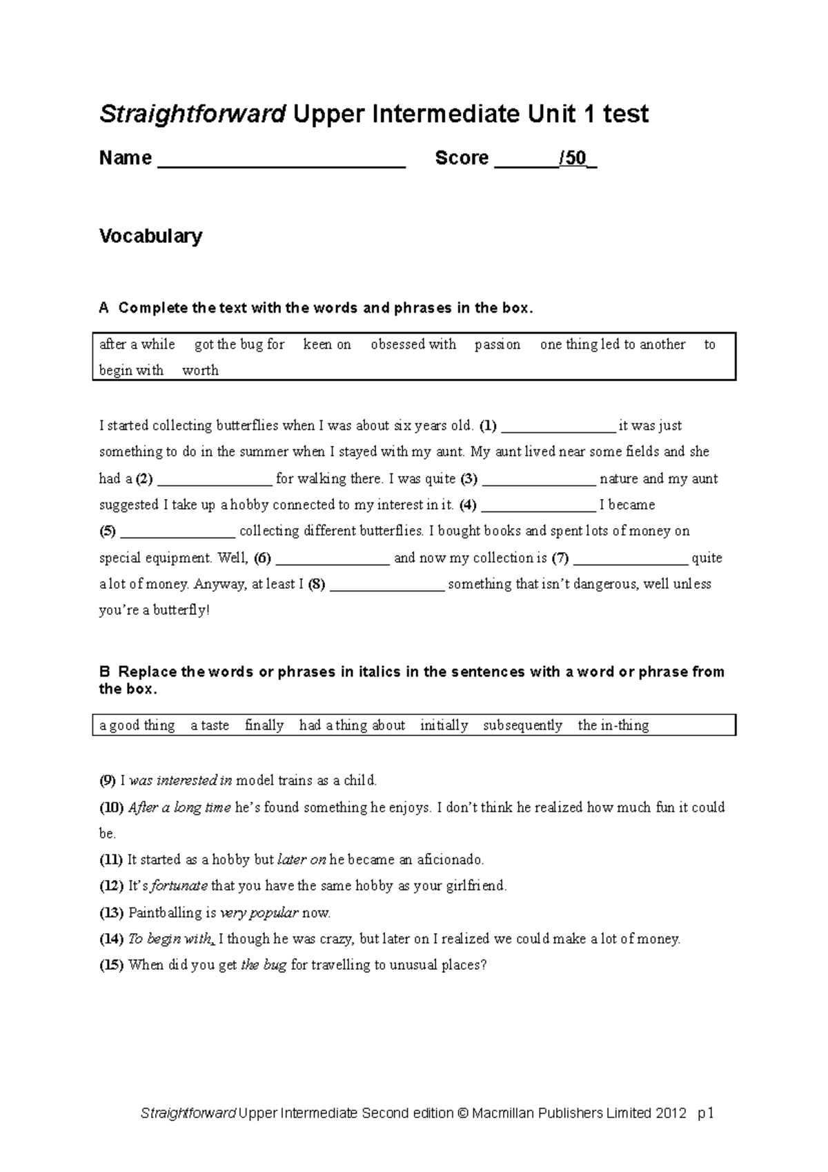 Unit 1 test 5 - jhgfj - Straightforward Upper Intermediate Unit 1 test ...