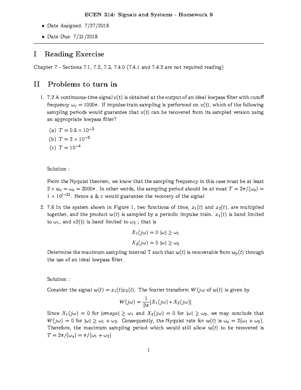 Su18hw9solutions - Practice Material - ECEN 314: Signals And Systems ...