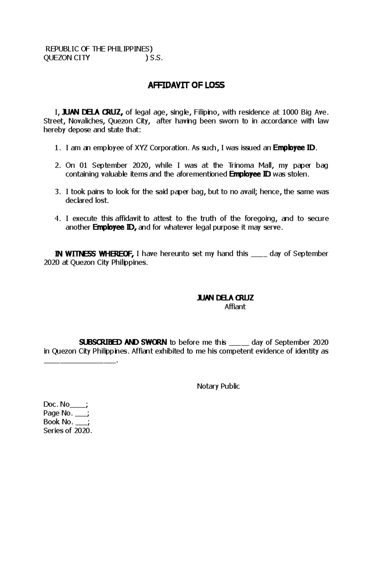 sample-affidavit-of-loss-company-id-republic-of-the-philippines