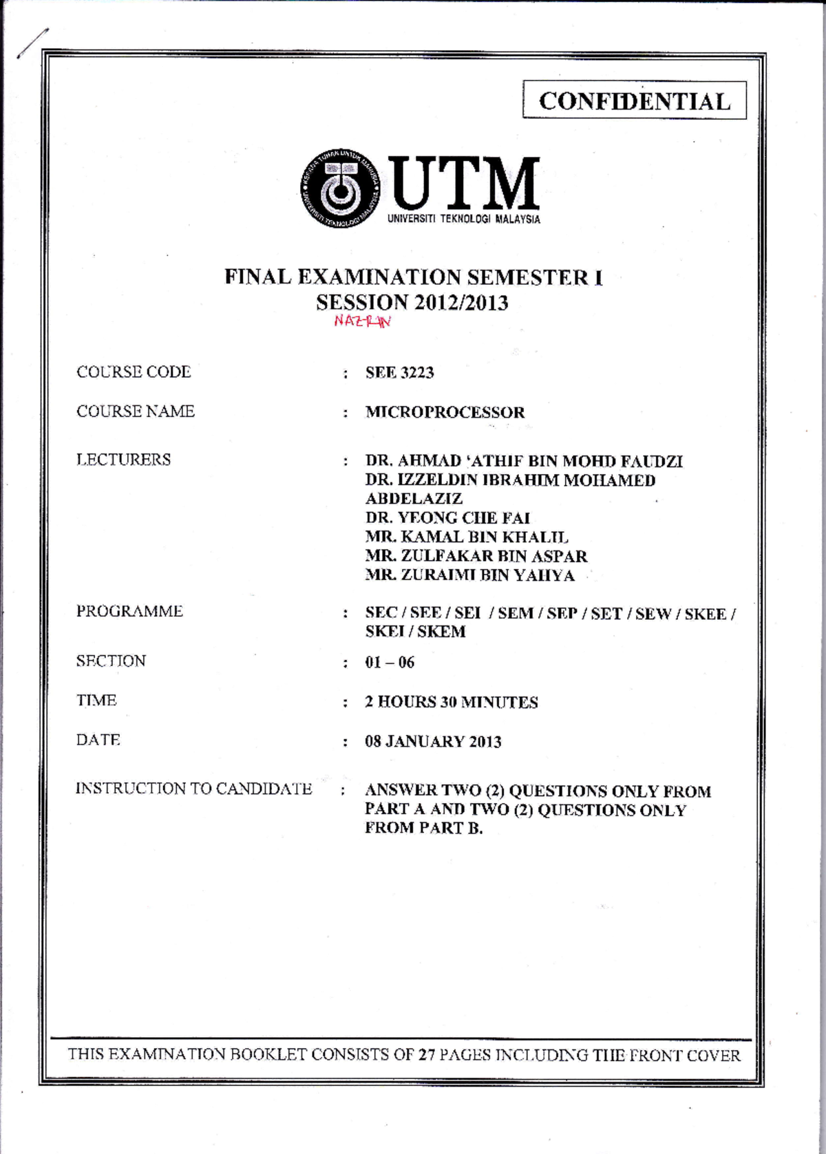 Final Examintation Semester I Session 1213_Microprocessor ...