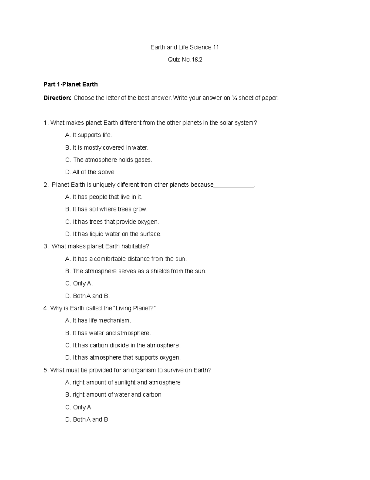 ESLQuiz 1&2 Quiz for Earth and Life Science Earth and Life Science