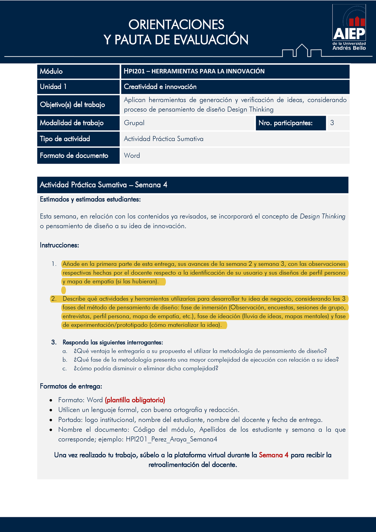 Aiep Innvovacion - ORIENTACIONES Y PAUTA DE EVALUACI”N MÛdulo HPI201 ...