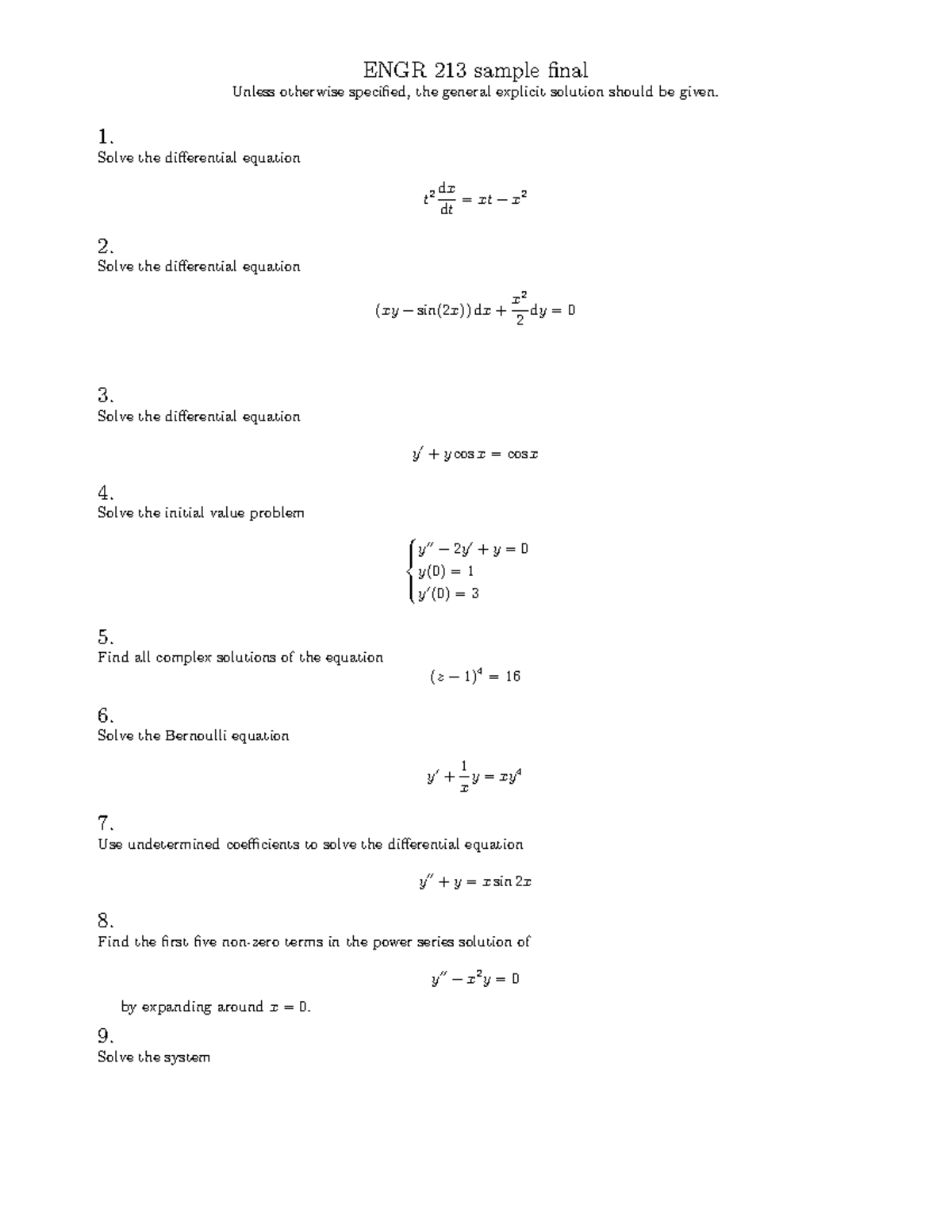 ENGR 213 Final Sample - ENGR 213 Sample Final Unless Otherwise ...