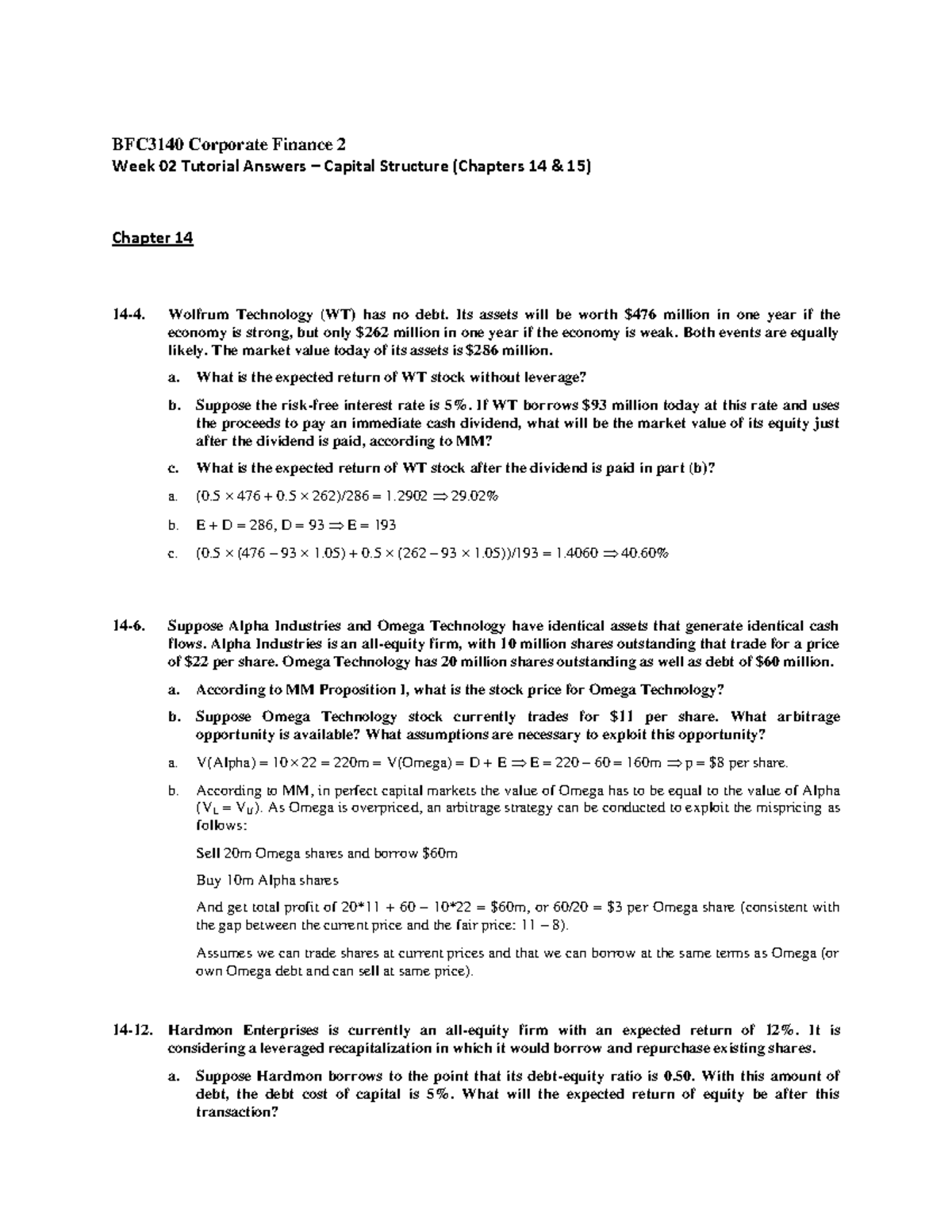 Week 02 Tutorial As - Week 2 - BFC3140 Corporate Finance 2 Week 02 ...