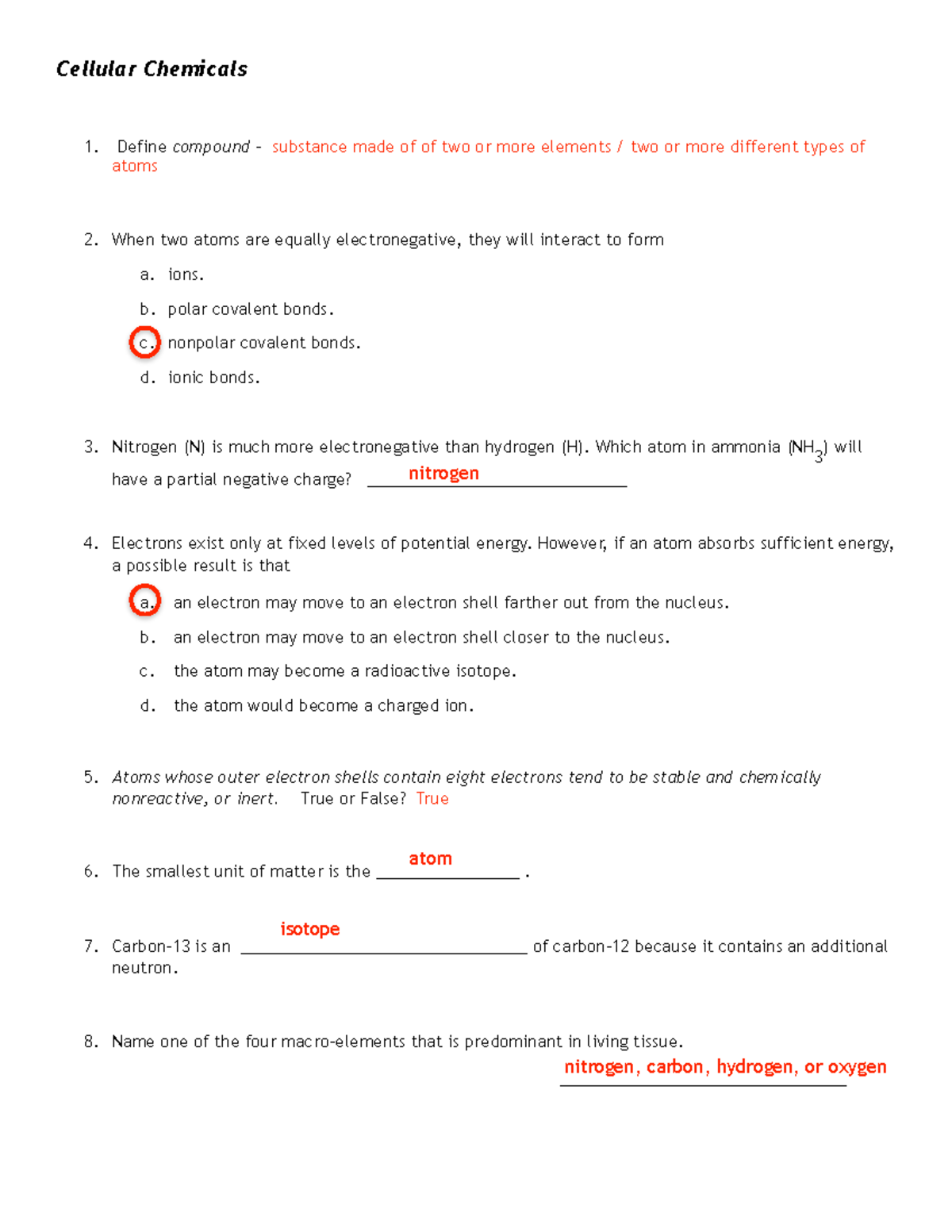 Chemicals - Practice Answers (Cellular Chemicals) - Cellular Chemicals ...