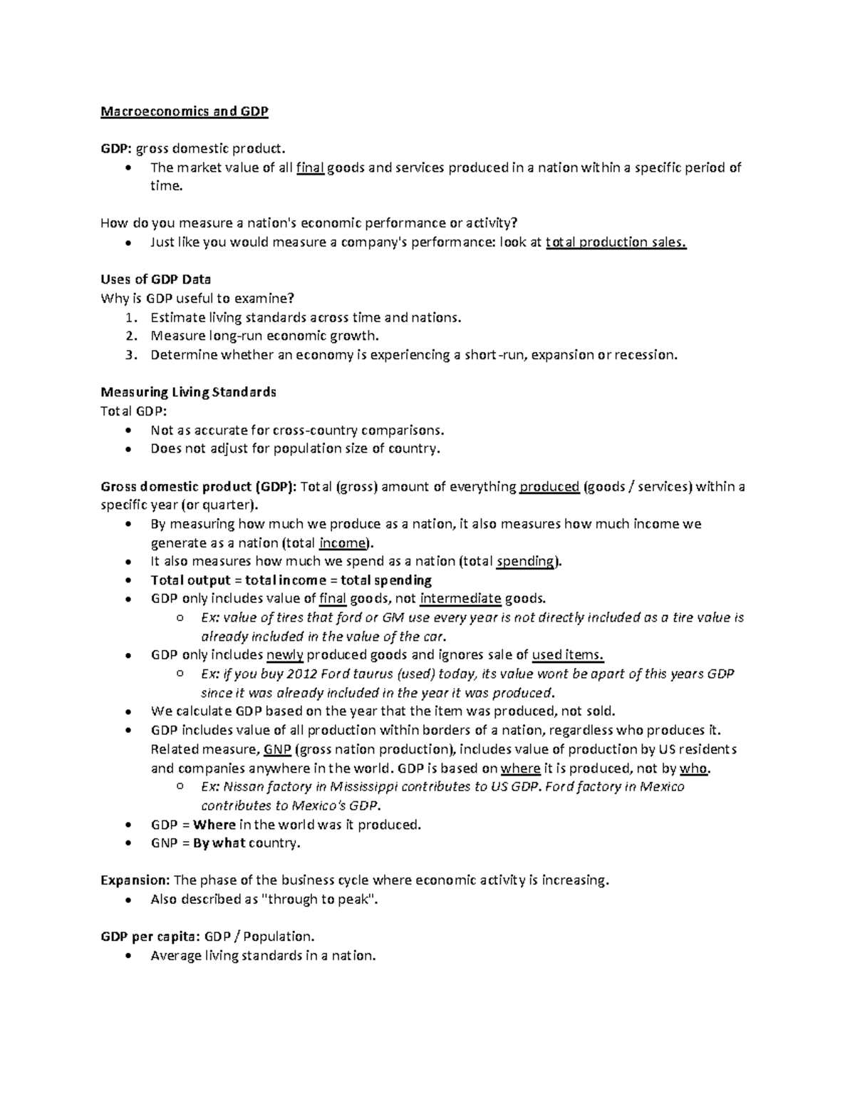 ECONM 1015: Exam 1 Notes - Gross Domestic Product. - Macroeconomics and GDP  GDP: gross domestic - Studocu