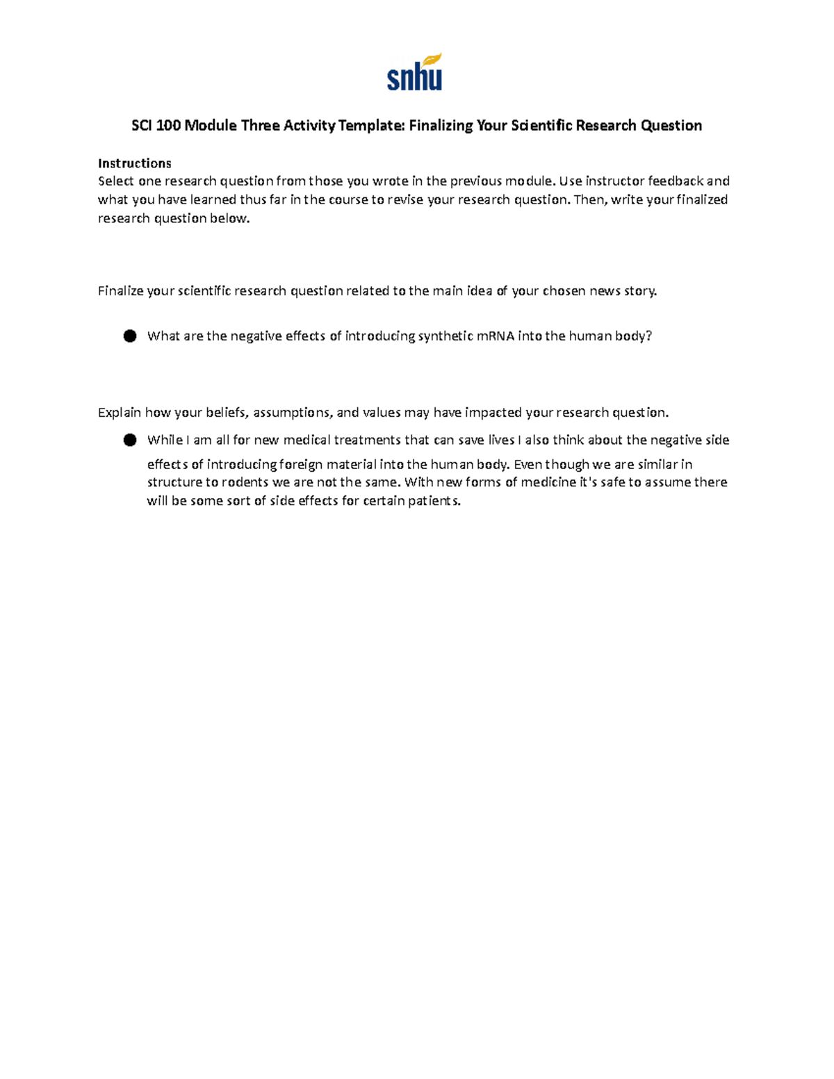 SCI 100 Module Three Activity - Use instructor feedback and what you ...