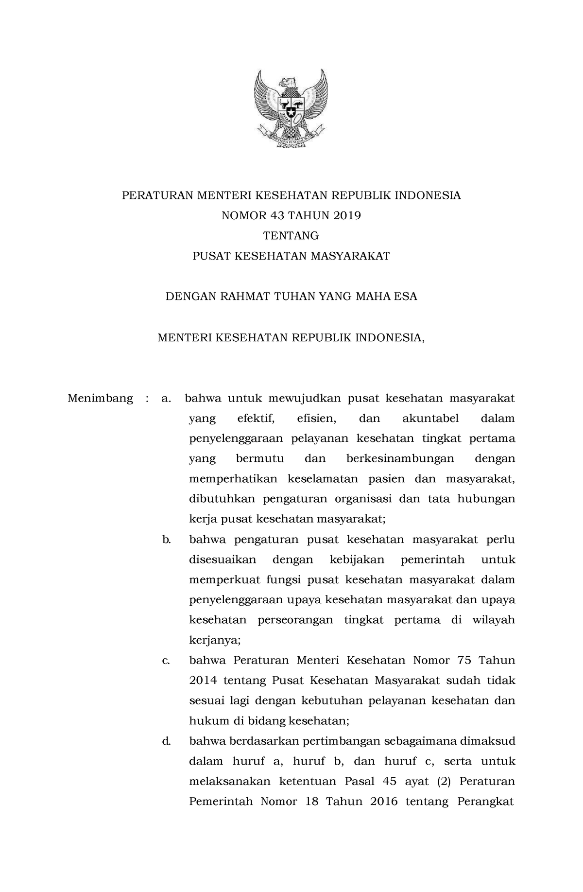 Permenkes No 43 Tahun 2019 Tentang Puskesmas - PERATURAN MENTERI ...