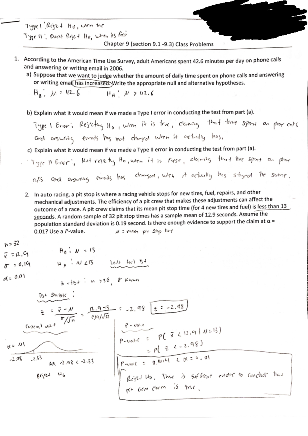 Ch9Class Problems - typel Rijet Hu, when the Type 11: Reject Ho, when ...