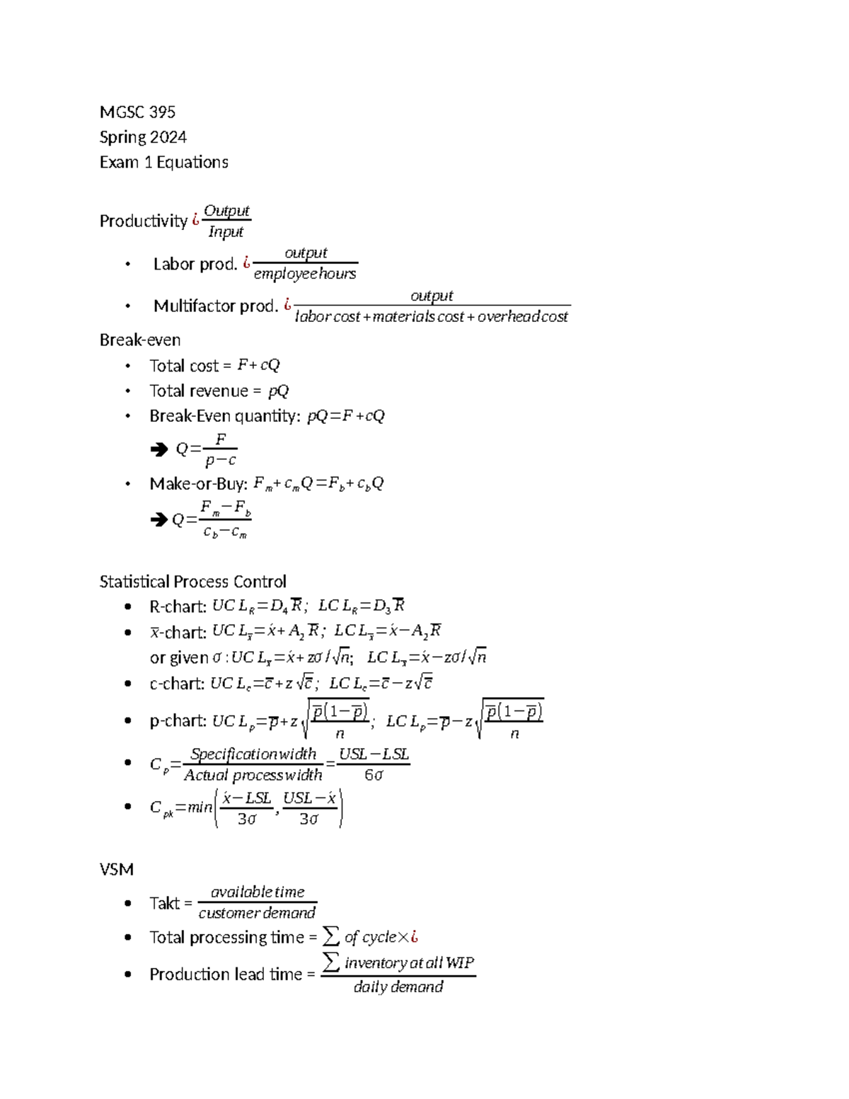 Exam 1 Equations - MGSC 395 Spring 2024 Exam 1 Equations Productivity ...