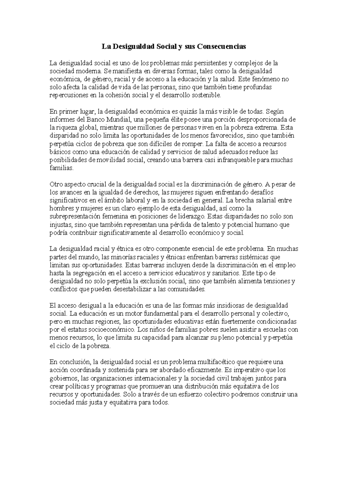 PC2 CPL - La Desigualdad Social y sus Consecuencias La desigualdad ...