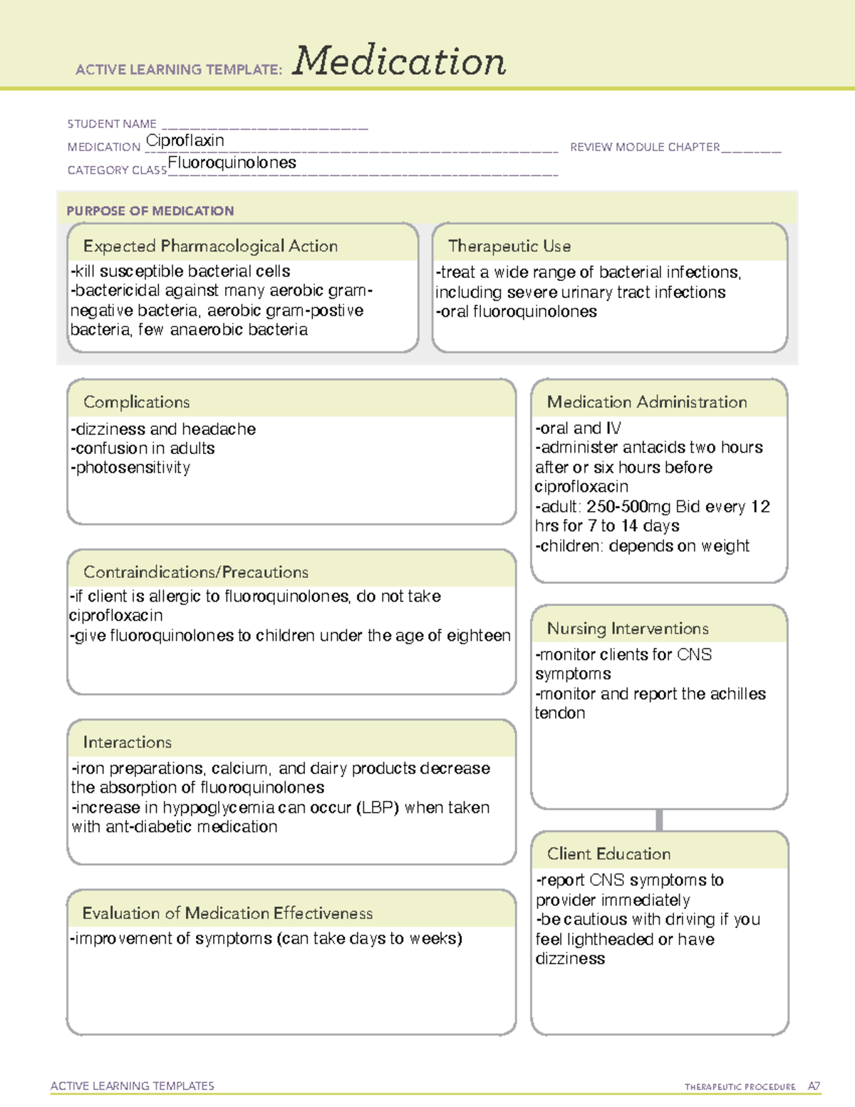 4 Ciprofloxacin Drug Template ACTIVE LEARNING TEMPLATES THERAPEUTIC PROCEDURE A Medication