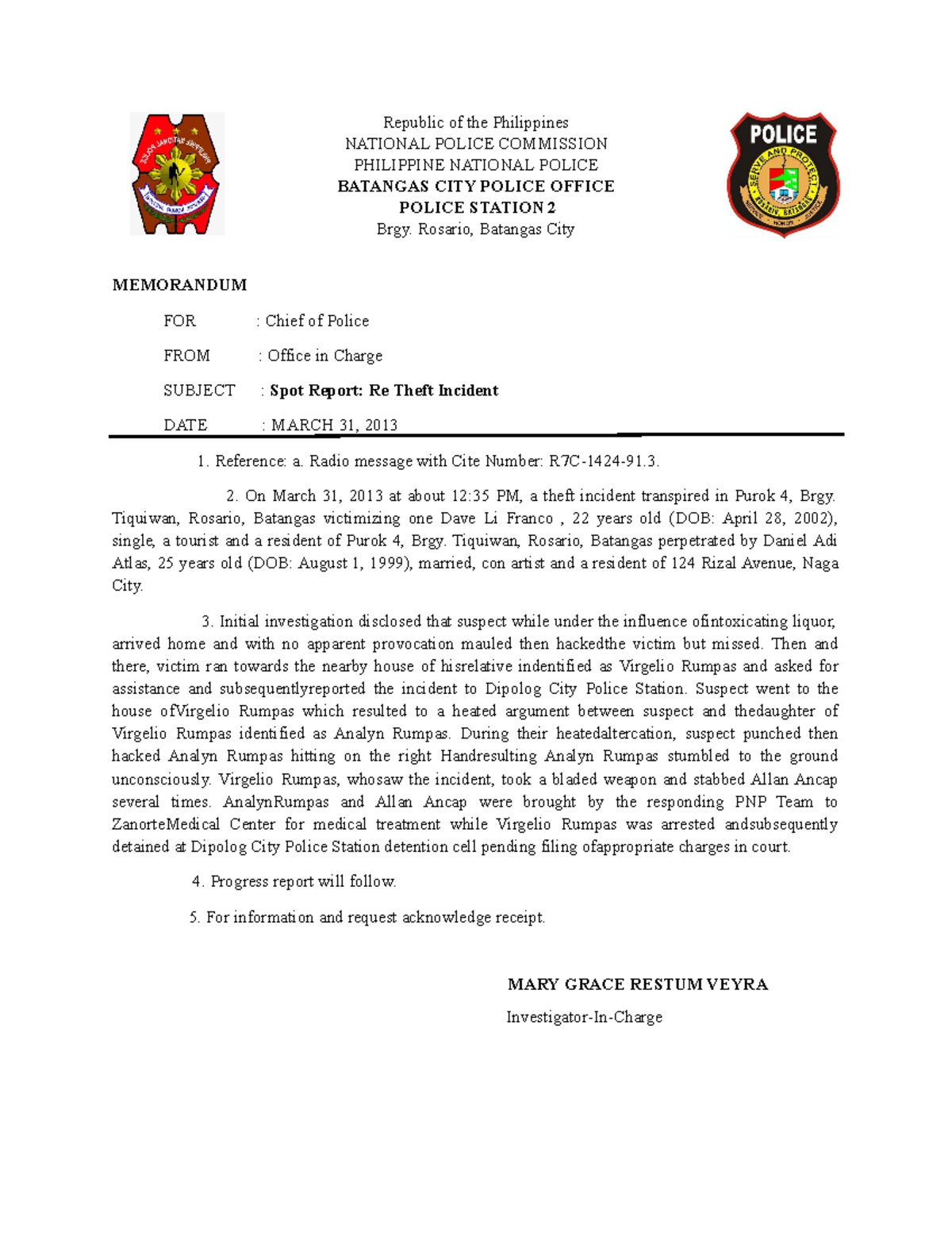 SPOT- Report - ,,,,, - Republic of the Philippines NATIONAL POLICE ...