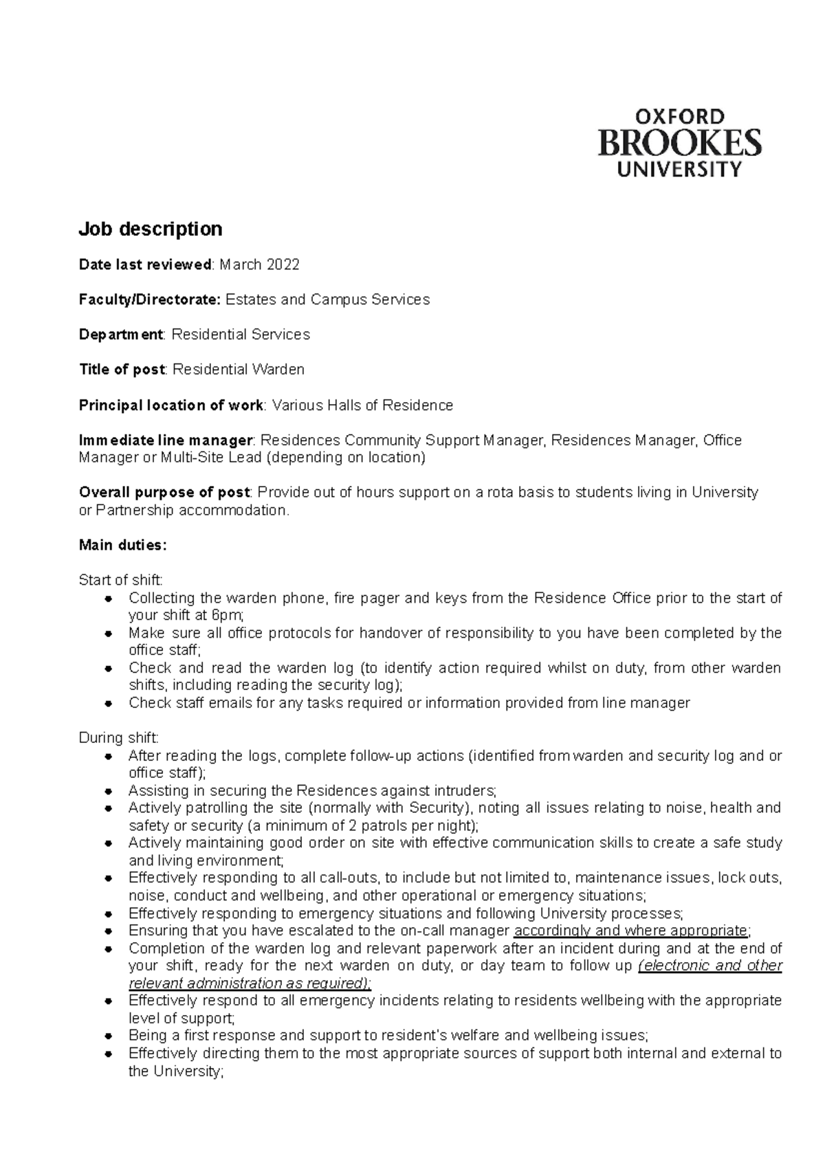 Residential Warden Job Description Job description Date last reviewed