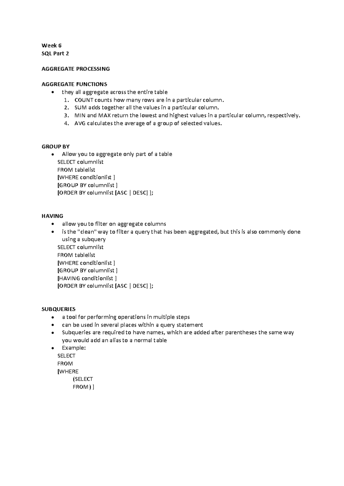 ITEC200 Week 6 - LECTURE NOTES - Week 6 SQL Part 2 AGGREGATE PROCESSING ...