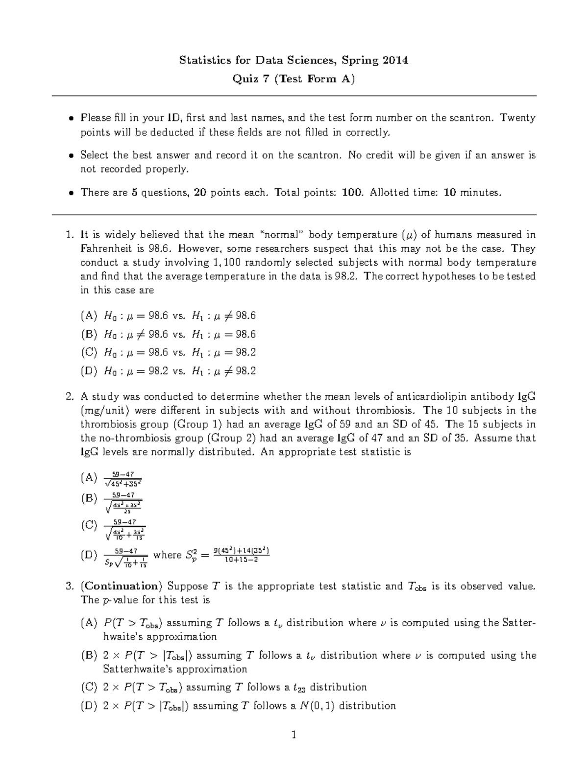 Quiz 7a - material - Statistics for Data Sciences, Spring 2014 Quiz 7 ...