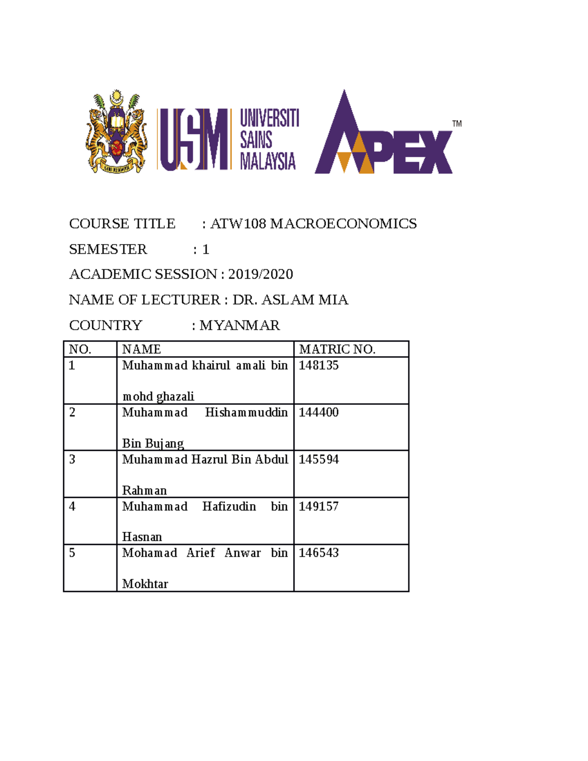 Myanmar Group Assignment - COURSE TITLE : ATW108 MACROECONOMICS ...