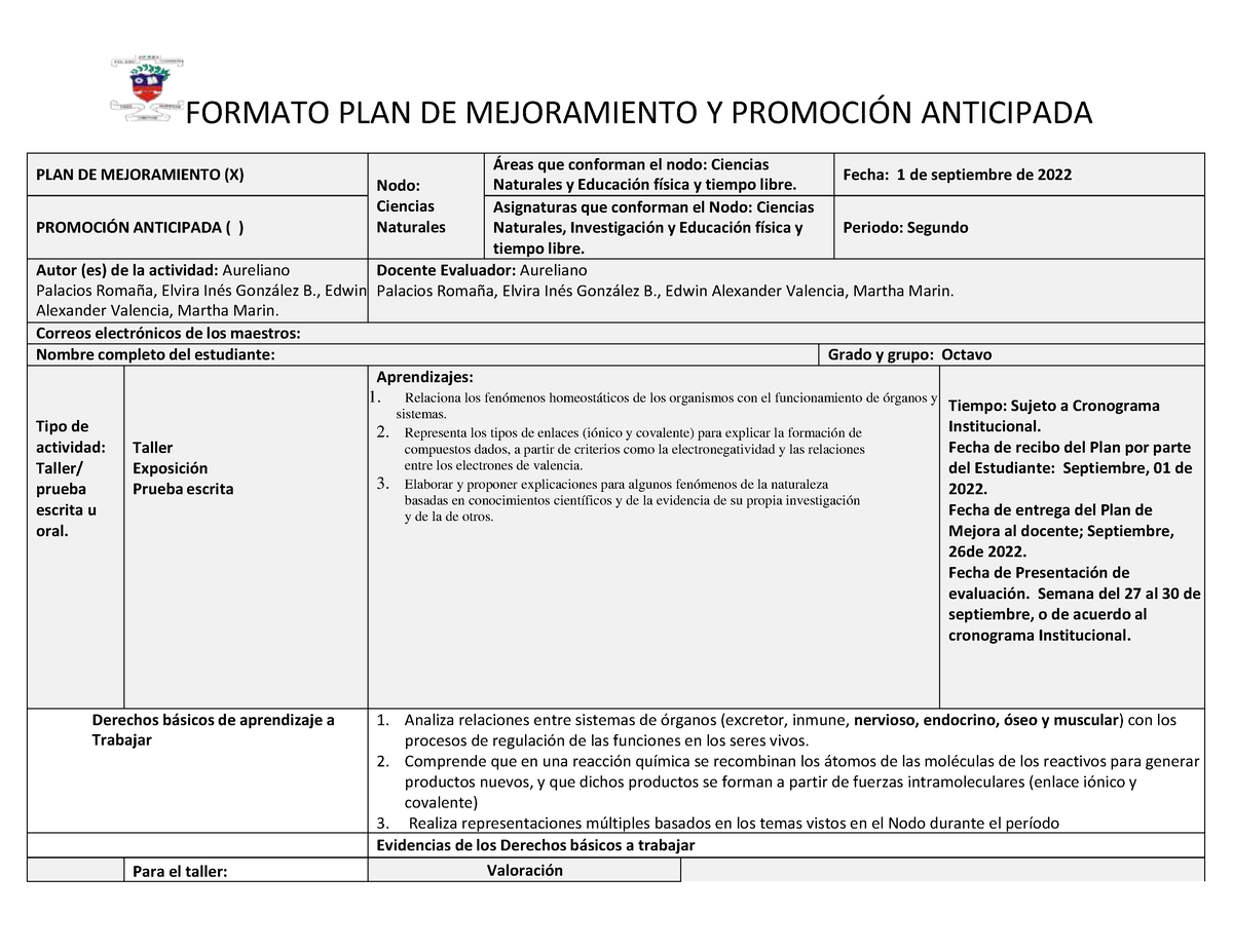 PLAN DE Mejoramiento Ciencias Naturales Grado 8 - FORMATO PLAN DE  MEJORAMIENTO Y PROMOCI”N - Studocu