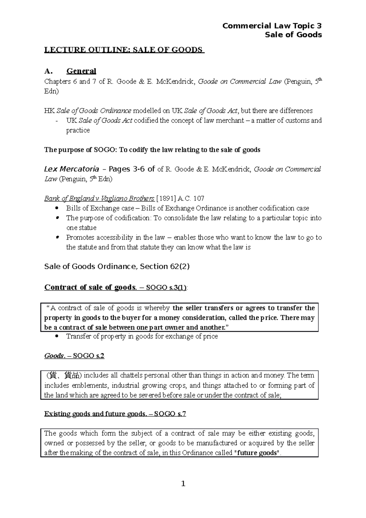 Commercial Law - Sale of Goods - Commercial Law Topic 3 Sale of Goods ...