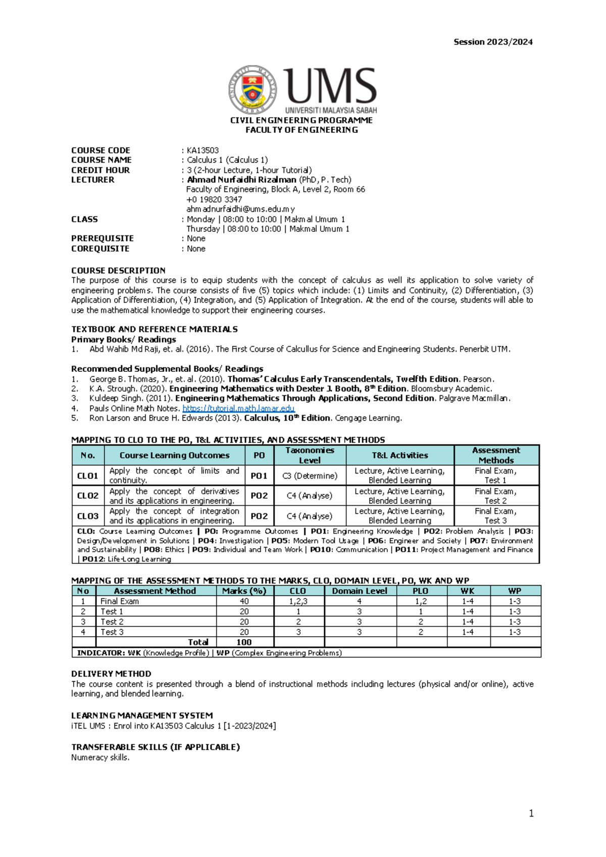 Course Syllabus - Session 202 3 /202 4 1 CIVIL ENGINEERING PROGRAMME ...