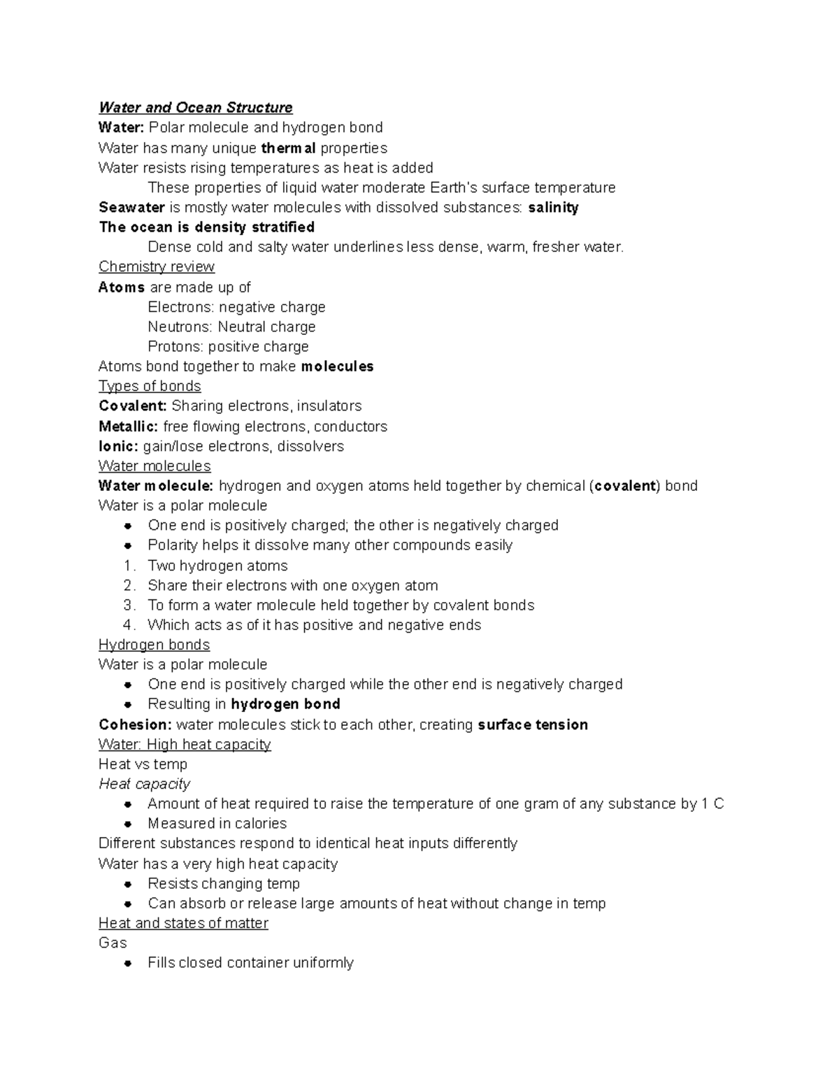 Our Ocean Lecture Notes 2 - Water And Ocean Structure Water: Polar ...