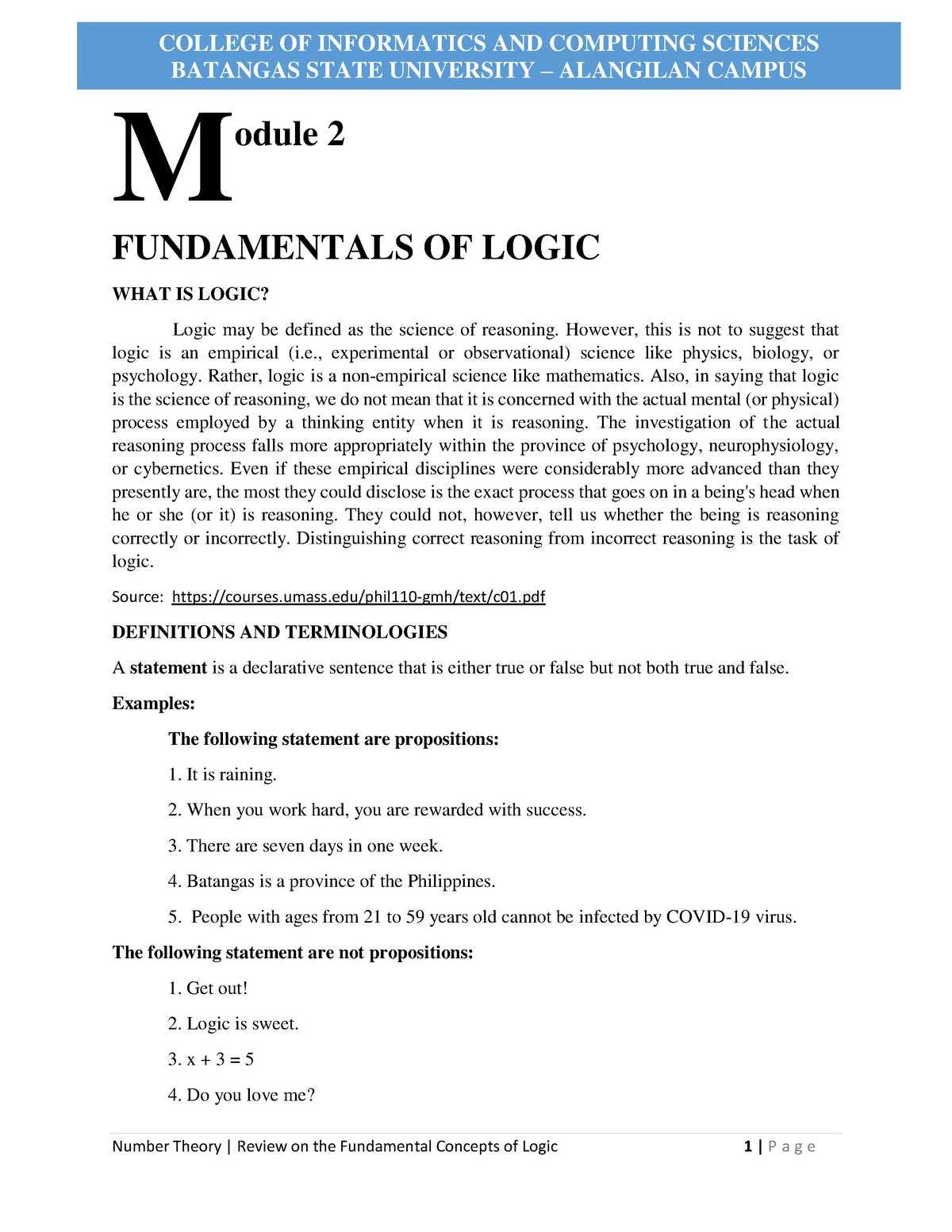 Module 2 Review On Fundamentals Of Logic - BATANGAS STATE UNIVERSITY ...