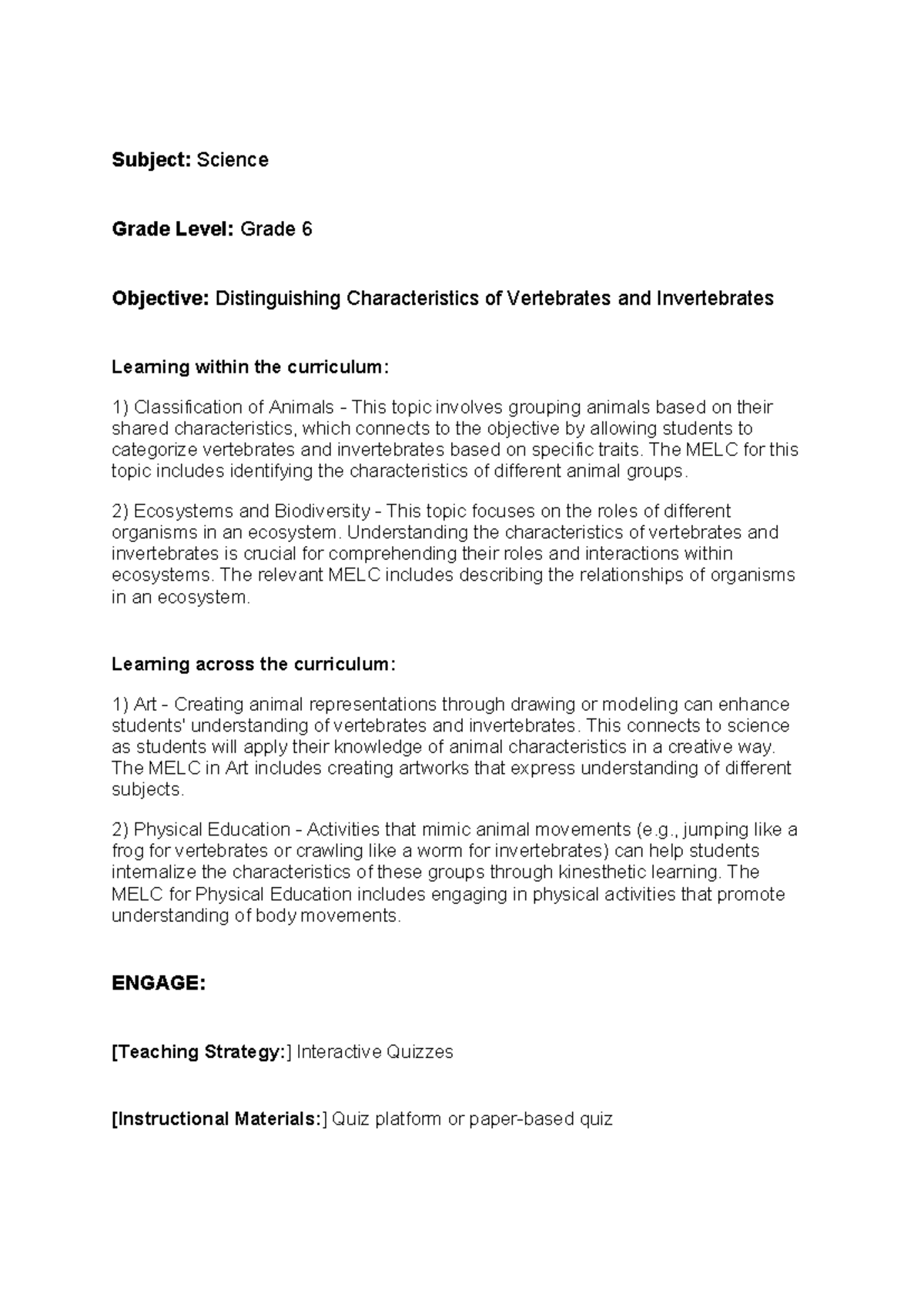 Lesson plan Subject Science Grade Level Grade 6 Objective