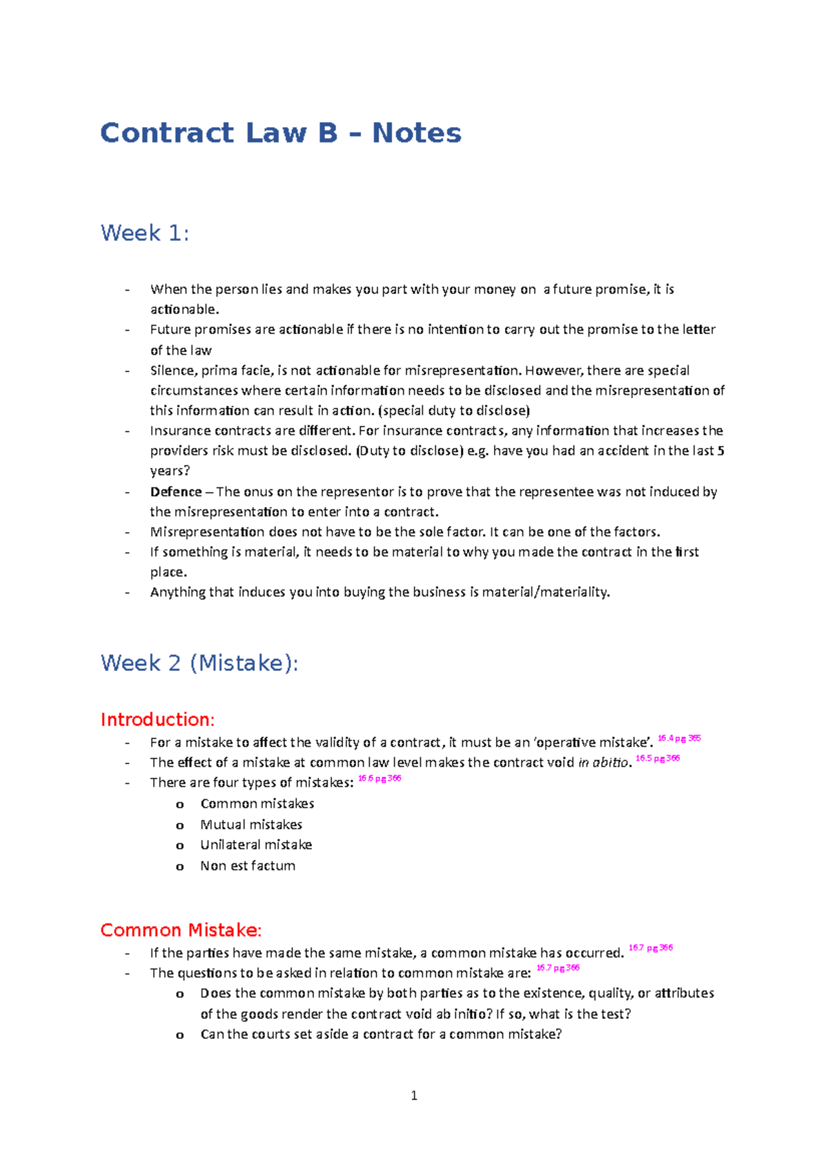 Contract Law B Notes - Contract Law B – Notes Week 1: When the person ...