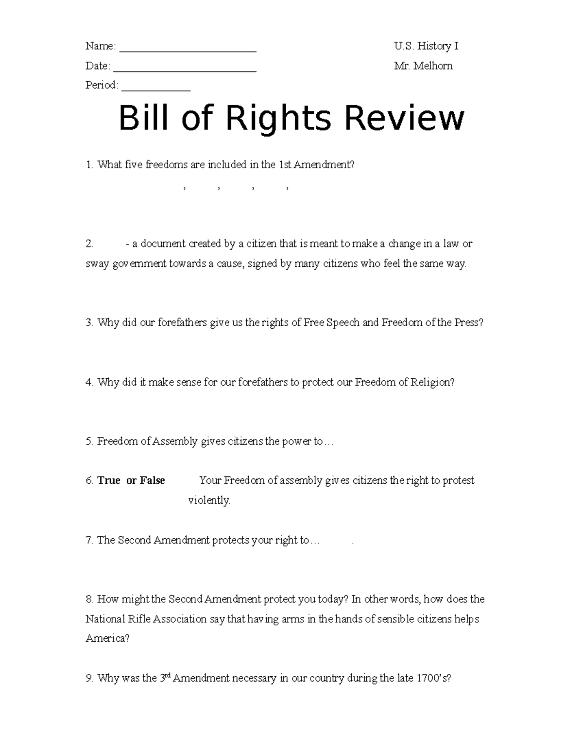 Bill of rights review 2011 - Name: ________________________ U. History ...