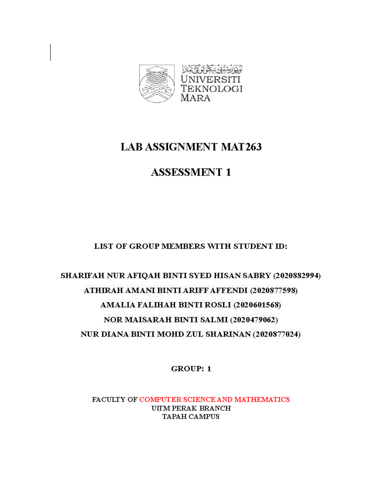 Assessment 1 LAB Assignment MAT263 LAB ASSIGNMENT MAT ASSESSMENT 1