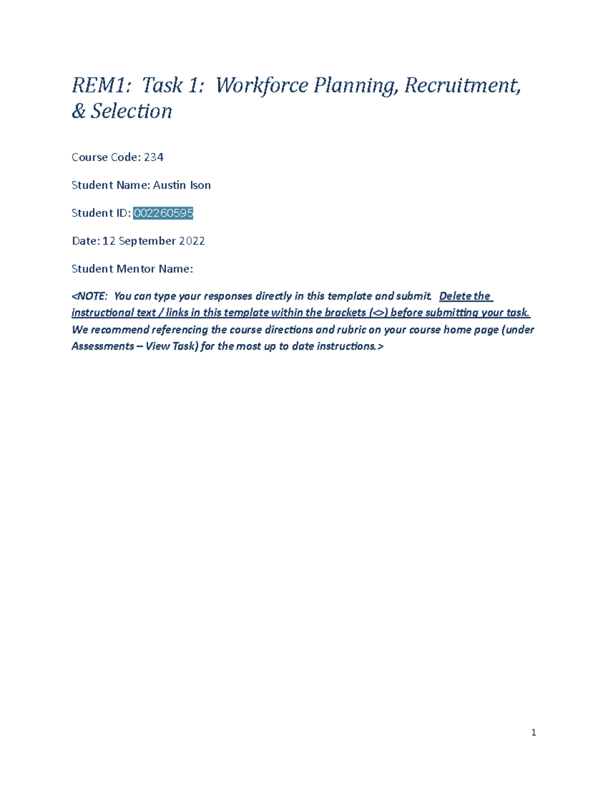 C234 Task 1 - Finished - REM1: Task 1: Workforce Planning, Recruitment ...