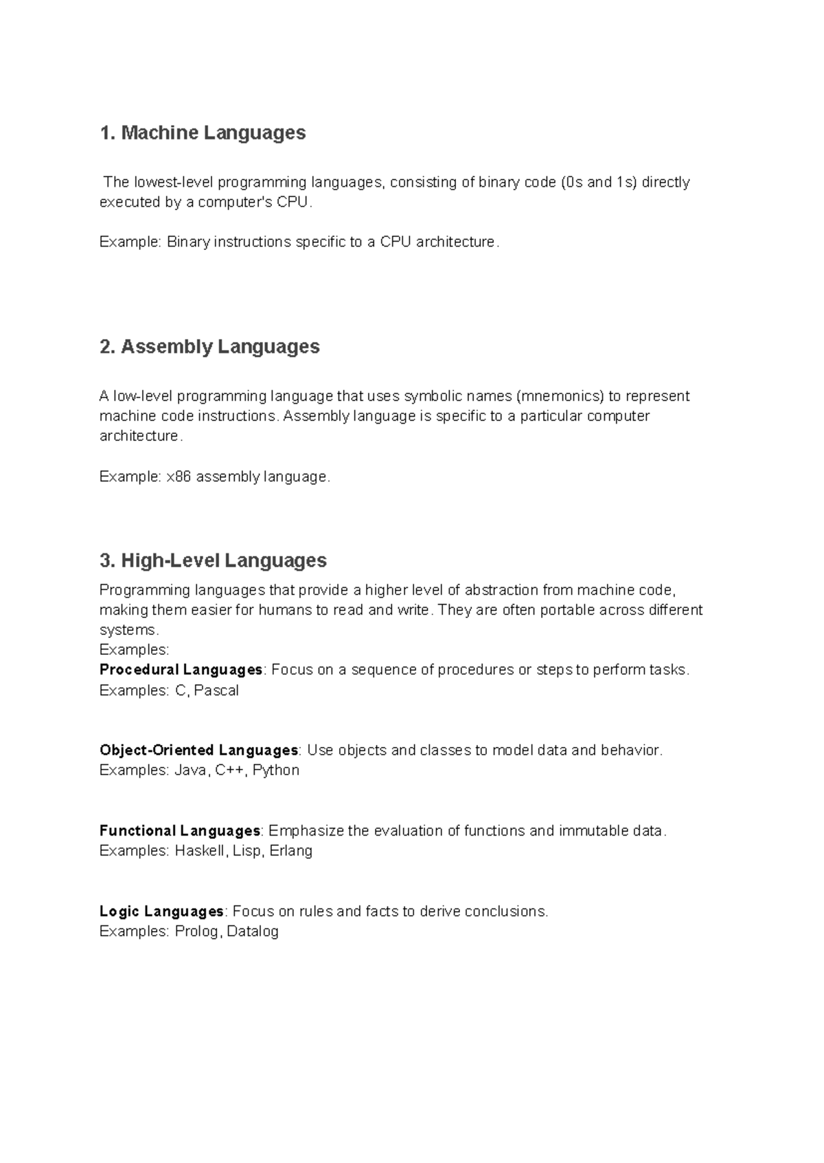 Types of languages - .,, - 1. Machine Languages The lowest-level ...