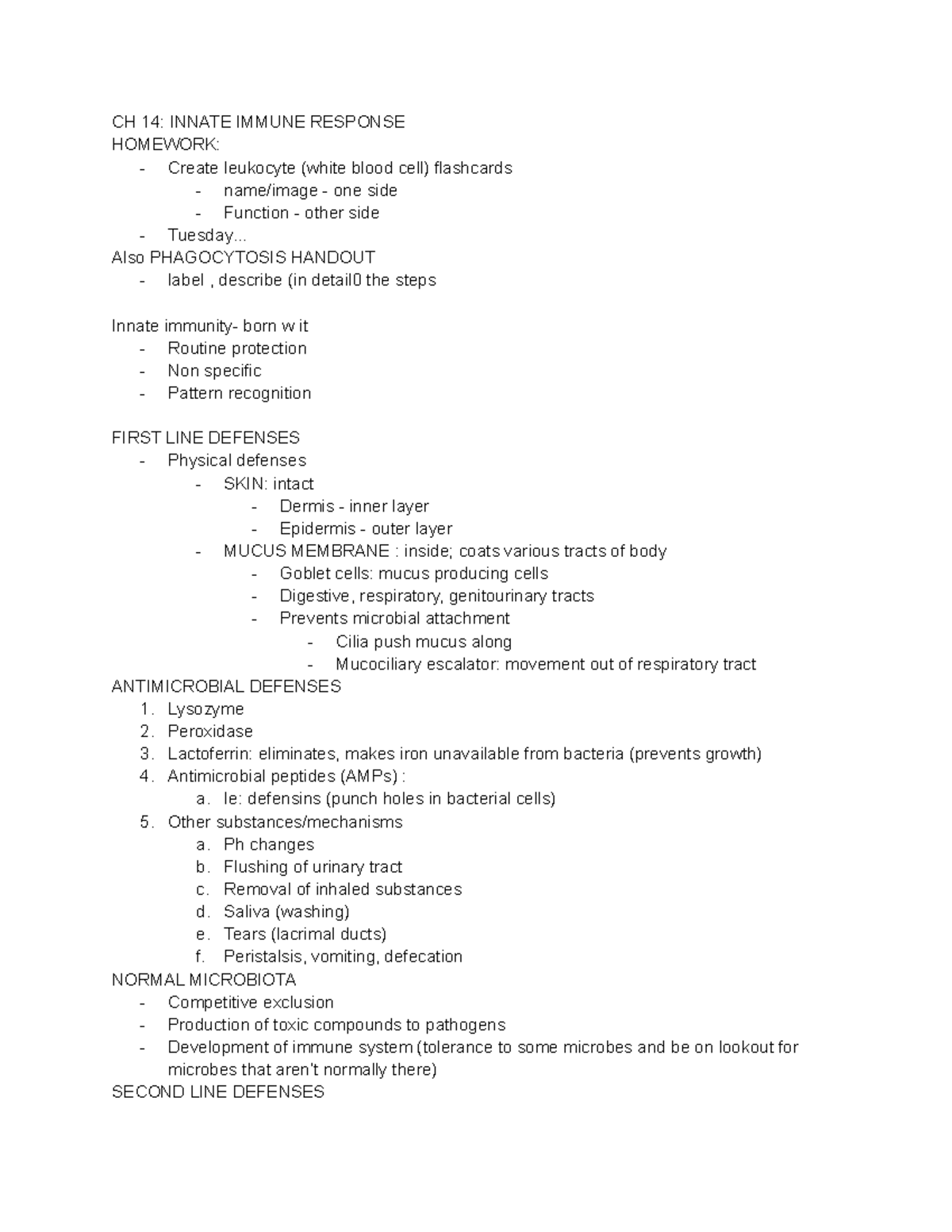 Microbio notes exam 3 - CH 14: INNATE IMMUNE RESPONSE HOMEWORK: Create ...