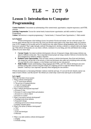 ICT 7 Module - TLE – ICT 7 Lesson 1: Sectors of ICT, Its Career and ...