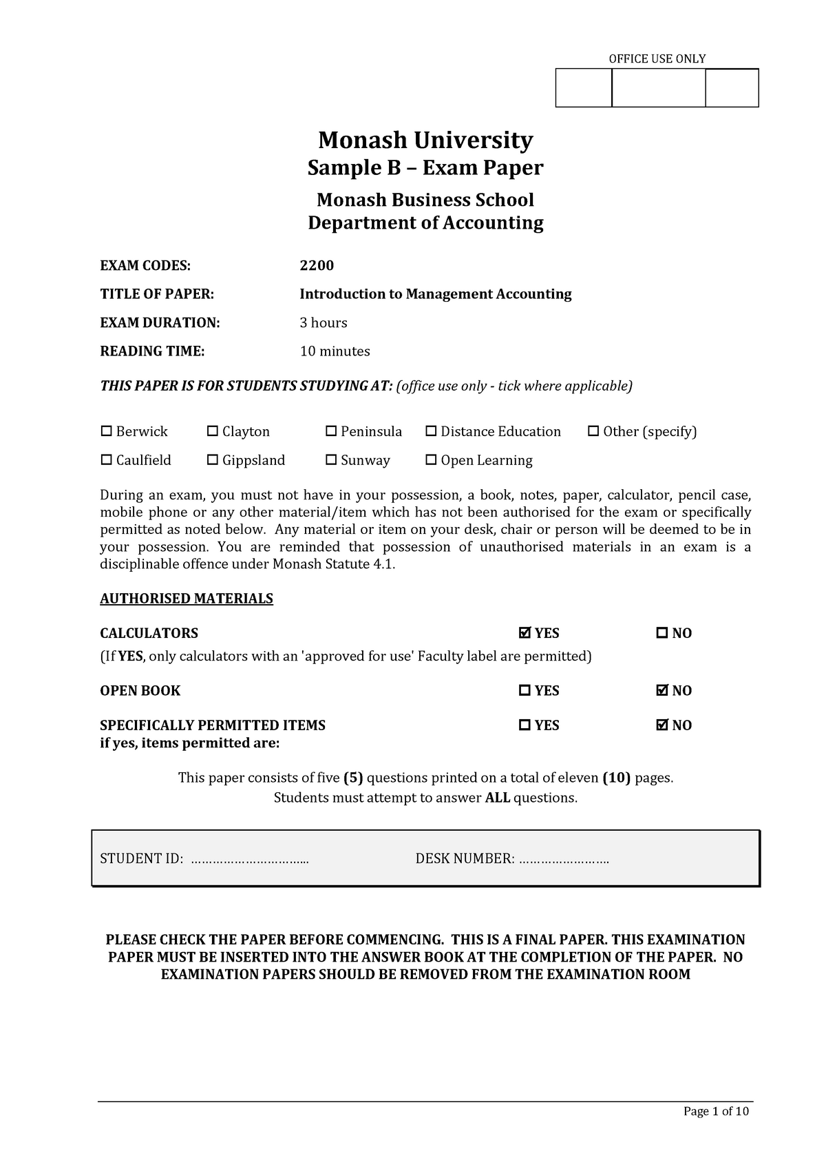 Sample B - Exam Paper - Monash University Sample B – Exam Paper Monash ...