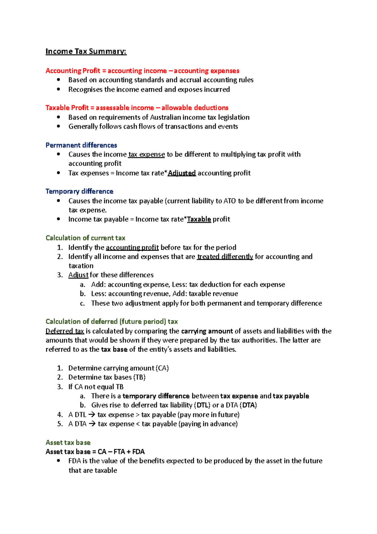 Income Tax Summary - Income Tax Summary: Accounting Profit = Accounting ...