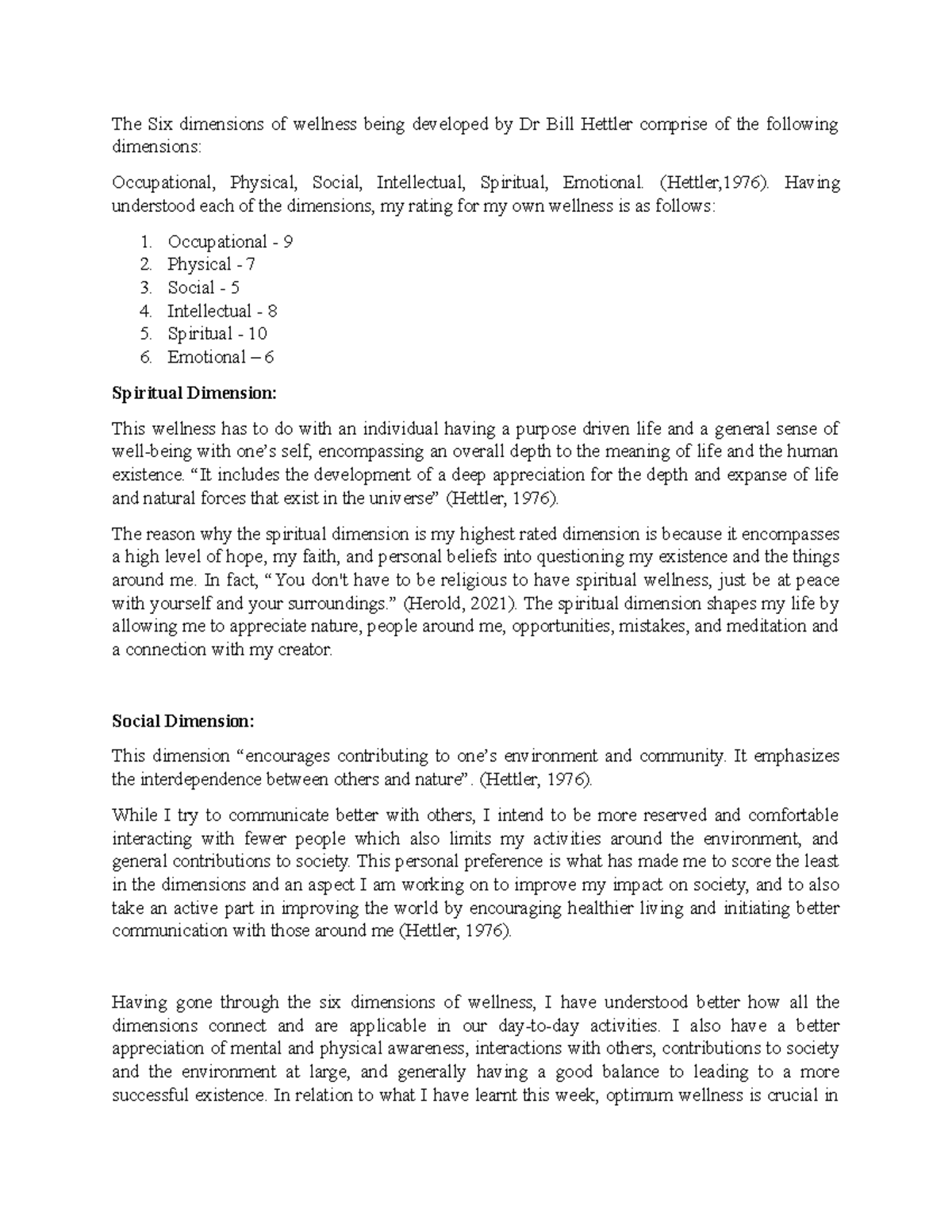 Learning Journal Unit 1 - PSYC 1111 - The Six Dimensions Of Wellness ...