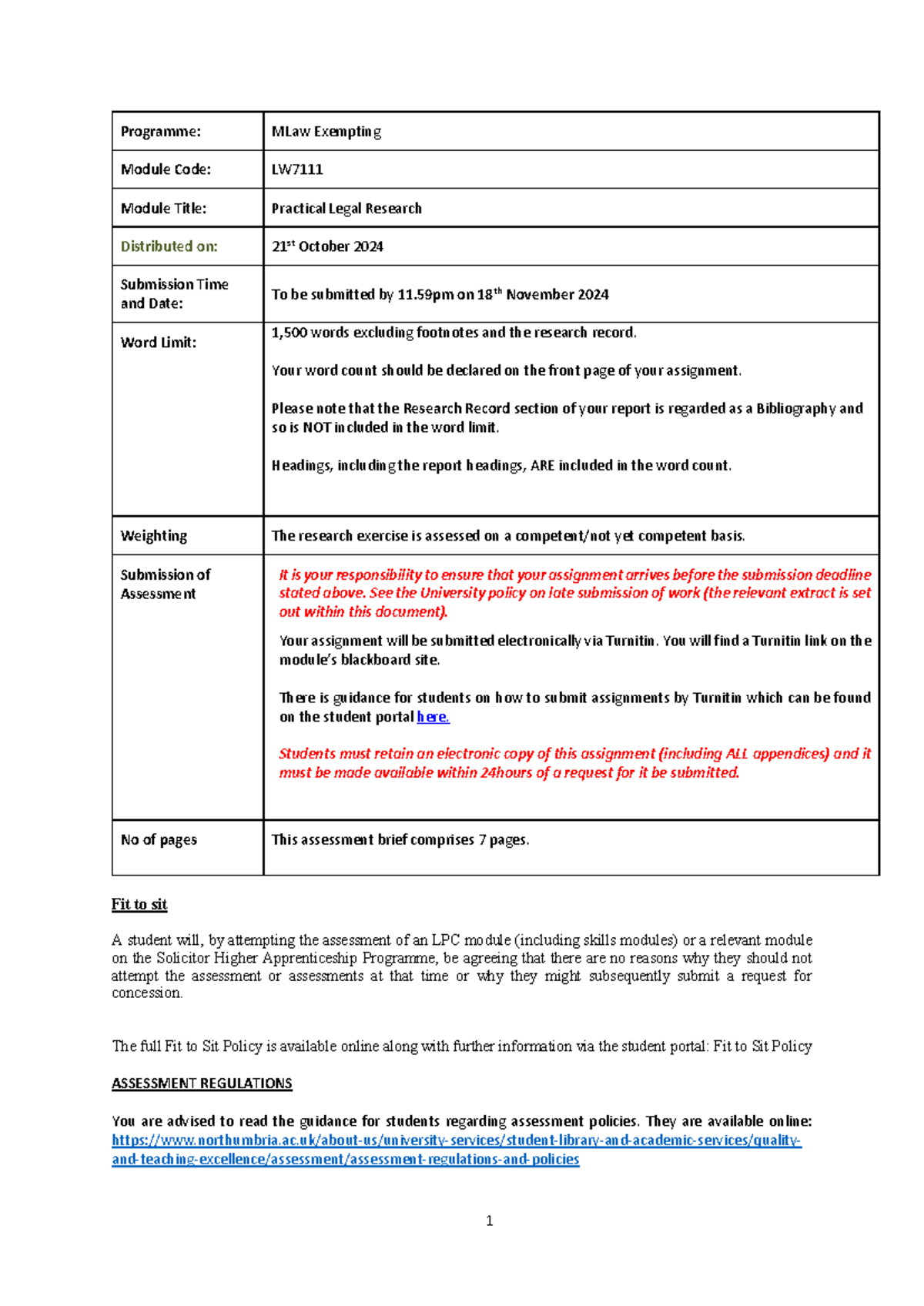 PLR First sit 2024.2025 Final - Programme: MLaw Exempting Module Code ...