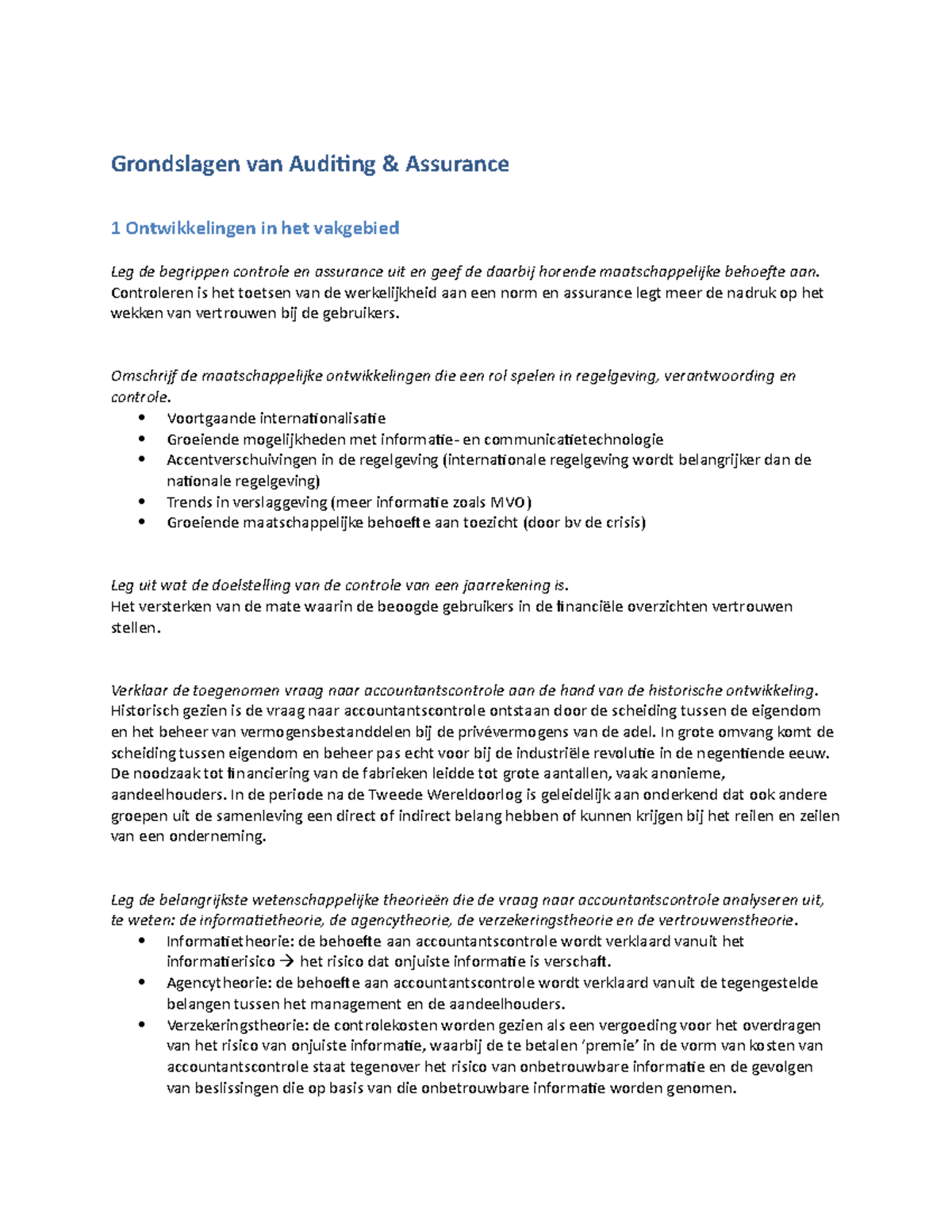 Samenvatting Grondslagen Van Auditing En Assurance - Hoofdstuk 1 En 2 ...