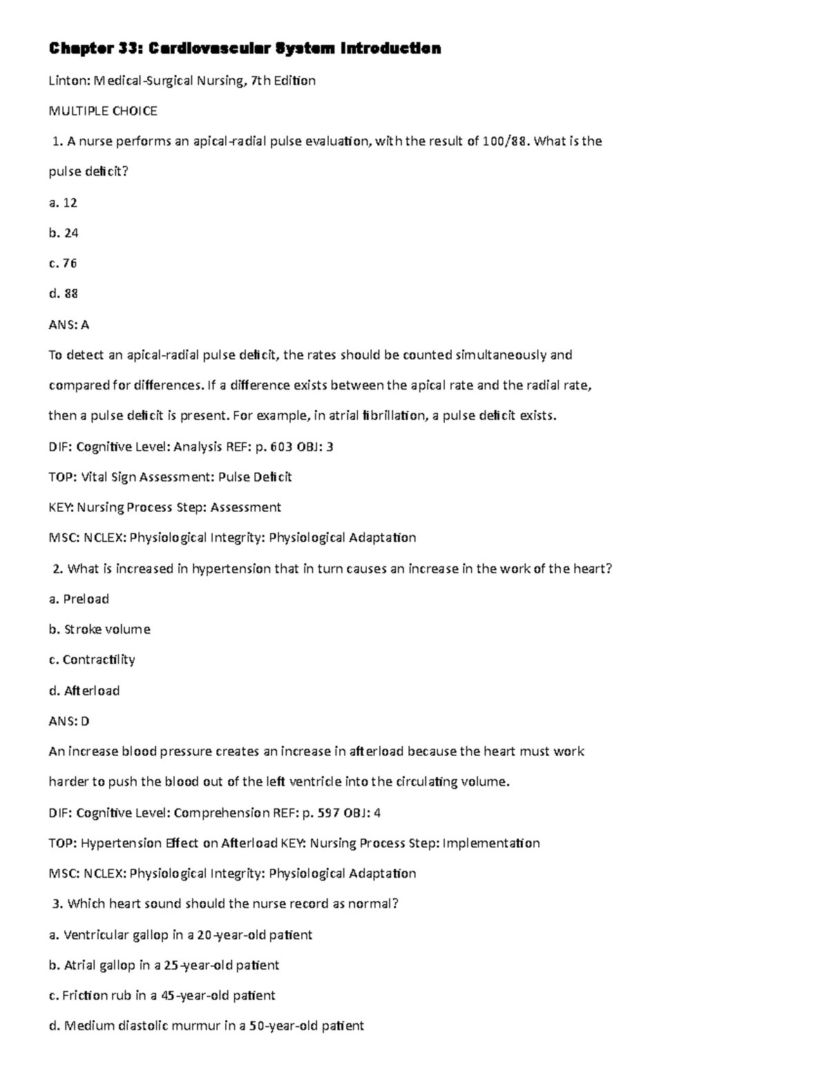 Chapter 33 Cardio Intro - Chapter 33 : Cardiovascular System ...