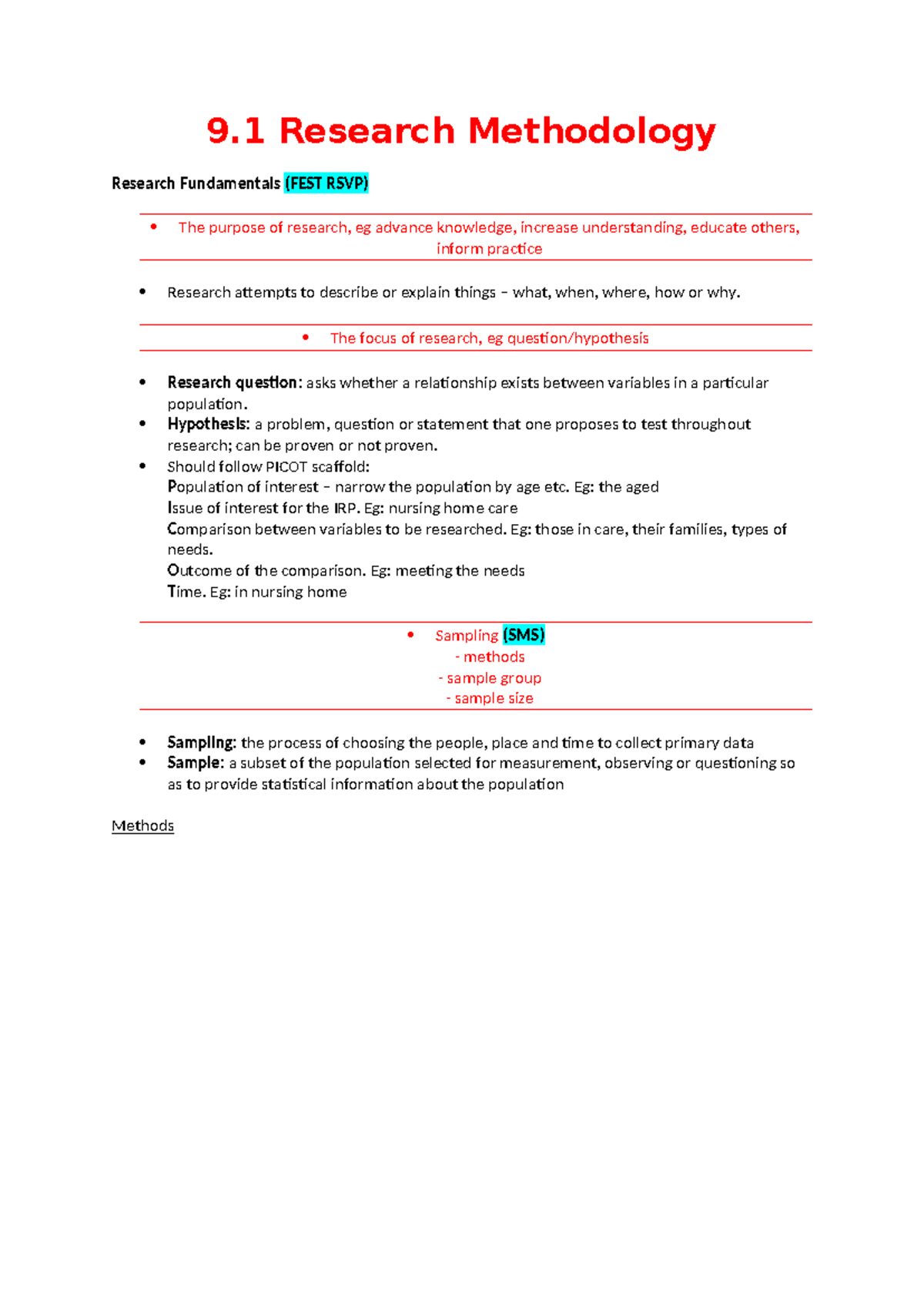 Summary Notes RM - 9 Research Methodology Research Fundamentals (FEST ...